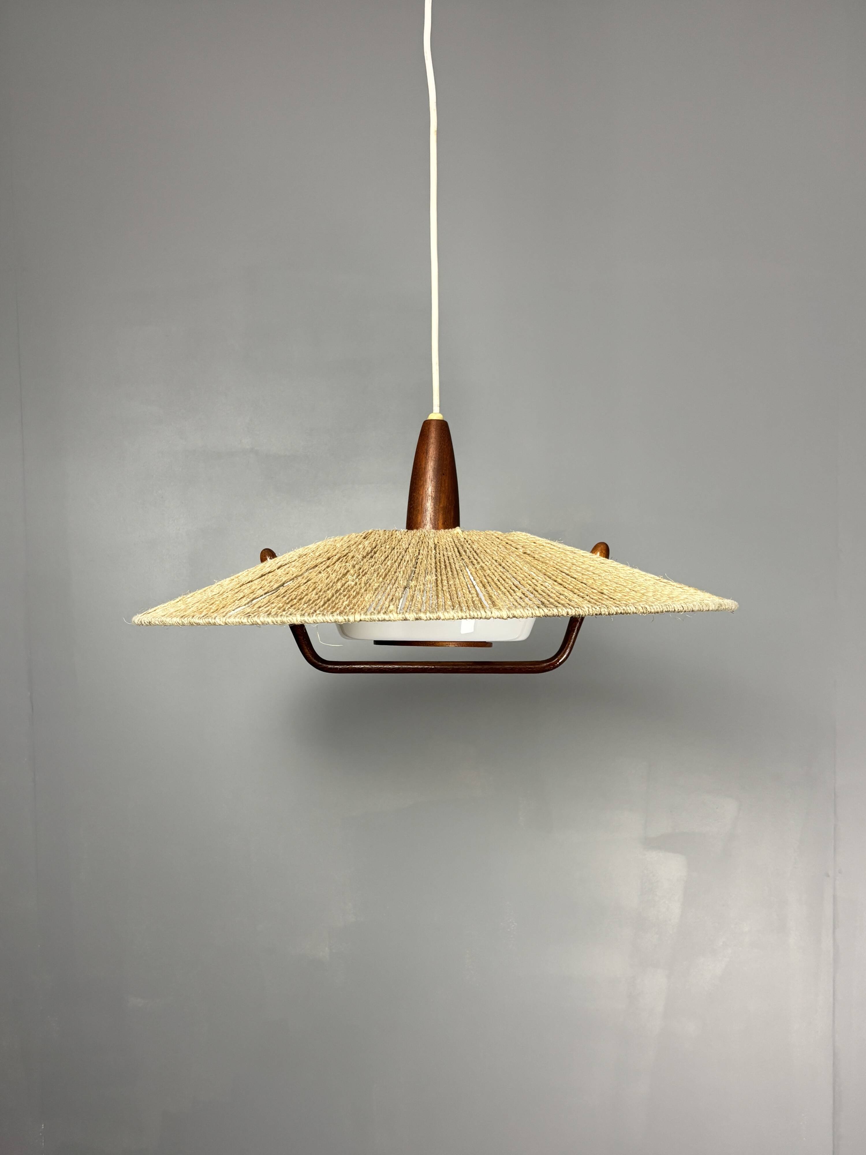 Large Mid-Century Teak and Sisal Cord Hanging Pendant by Temde Leuchten,60s
