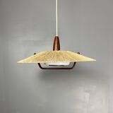 Large Mid-Century Teak and Sisal Cord Hanging Pendant by Temde Leuchten,60s