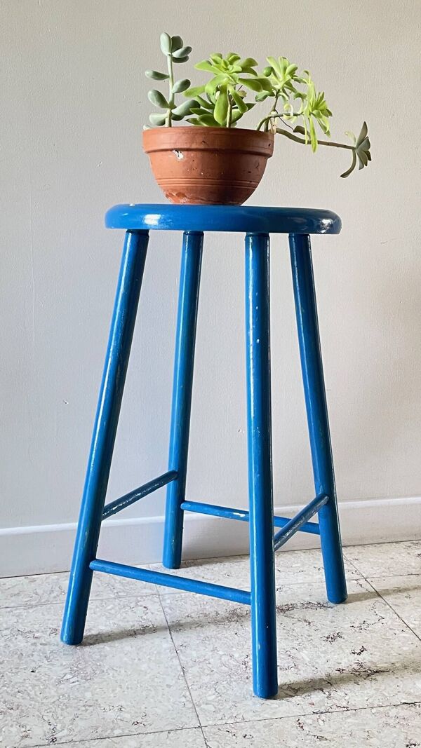 Tabouret vintage bois bleu electrique
