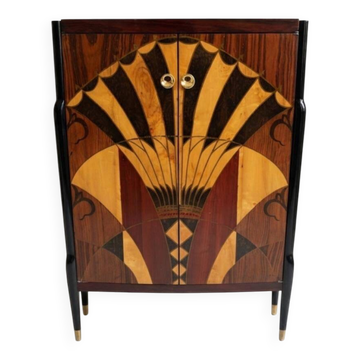 Cabinet Art déco à deux portes, marqueterie motif éventail en bois de hêtre