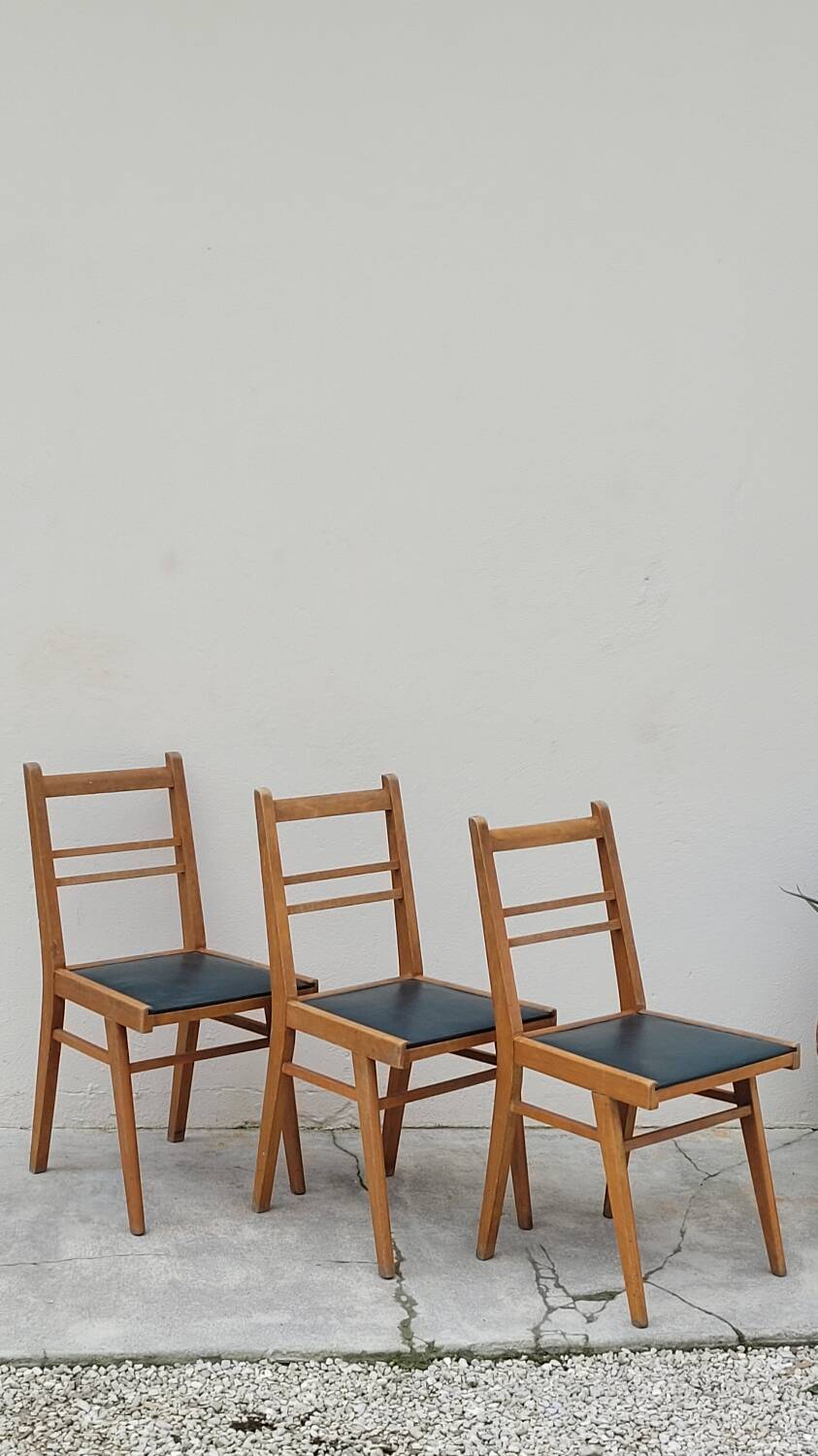 Series of 3 vintage chairs with compass legs - 1950s