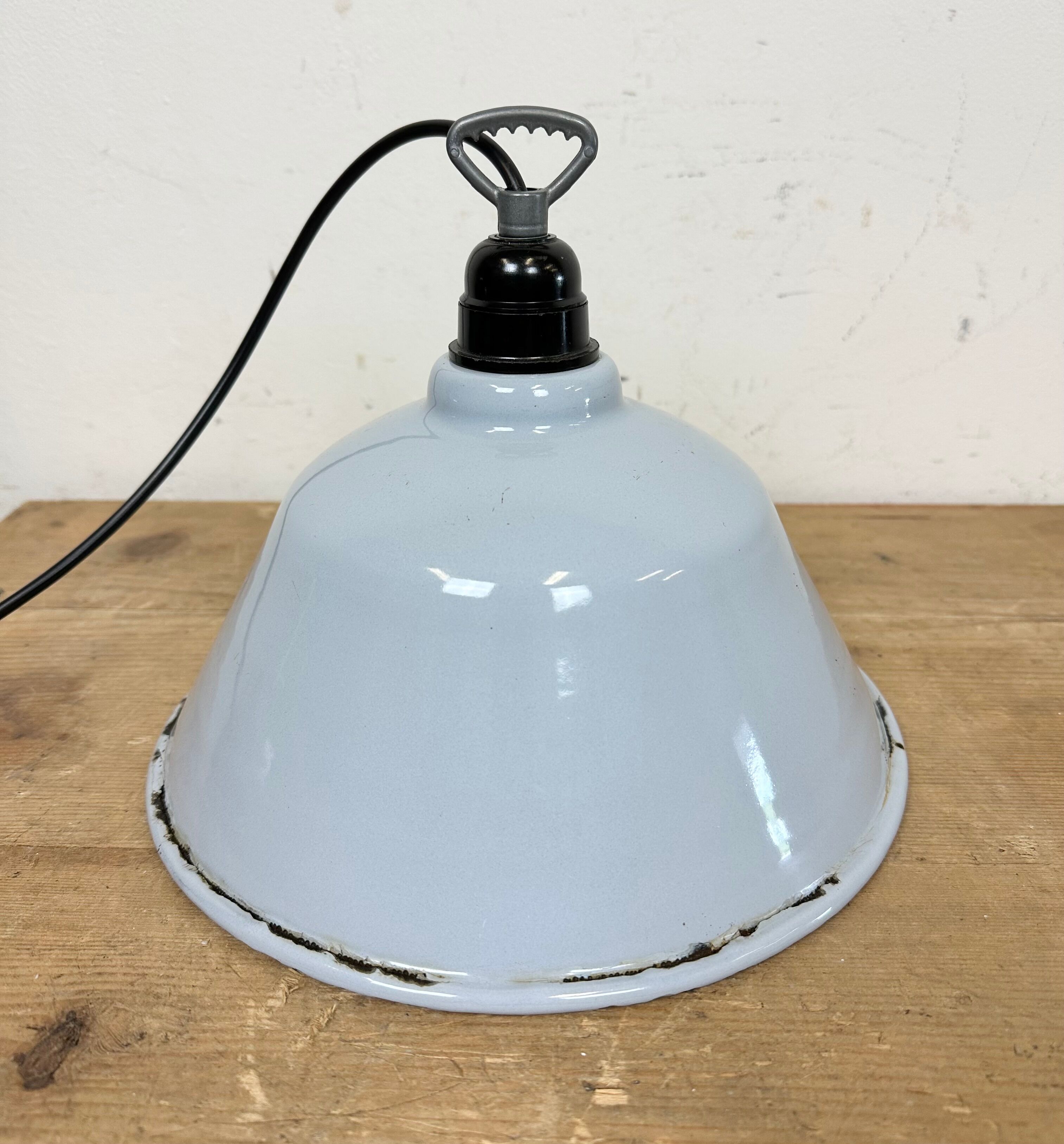Industrial French Grey Enamel Factory Pendant Lamp, 1960s