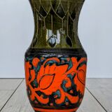 Sgraffito Scraffito enameled ceramic vase in green and orange colors - Year 1950