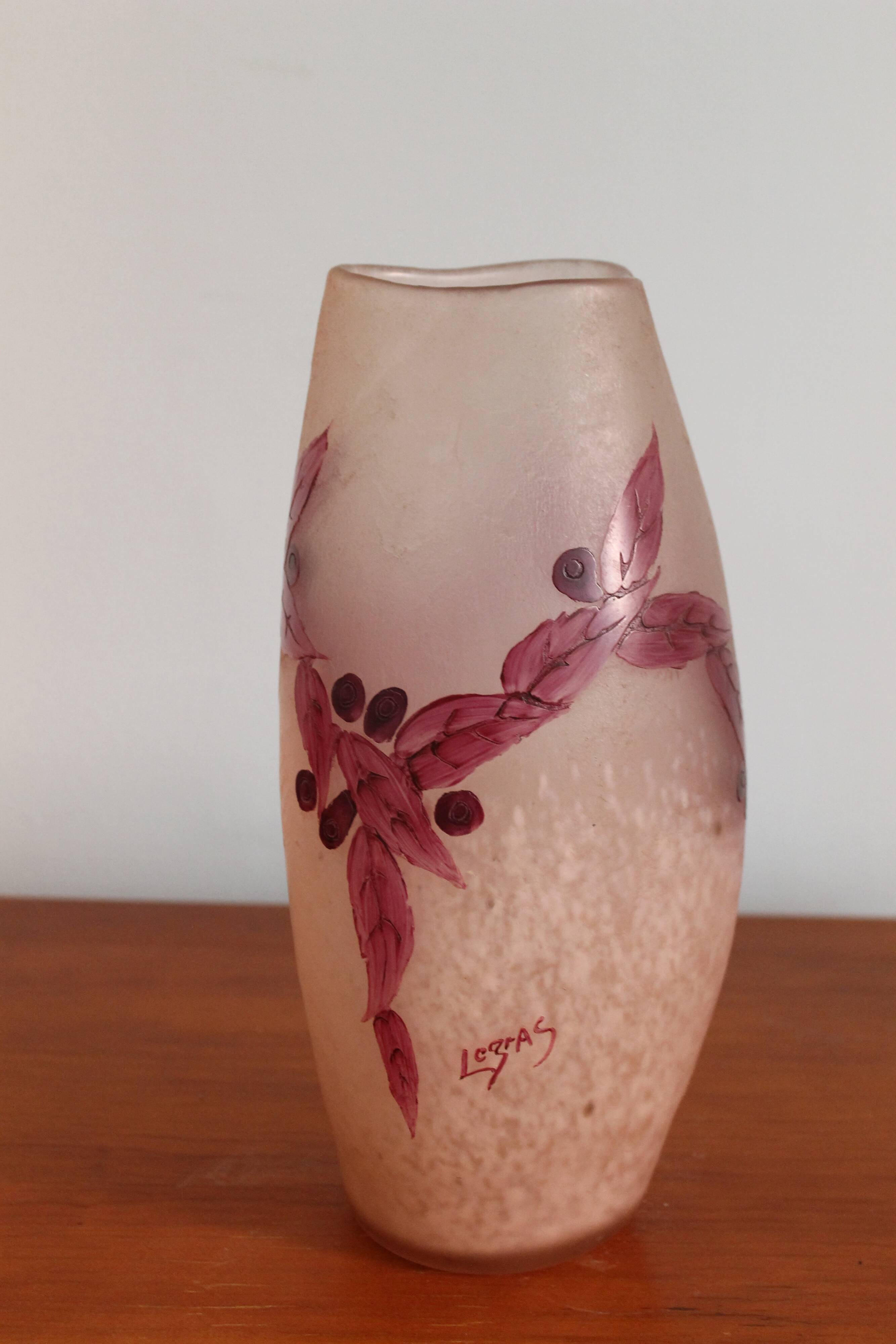 Legras vase ruby series in flowers in acid-etched glass