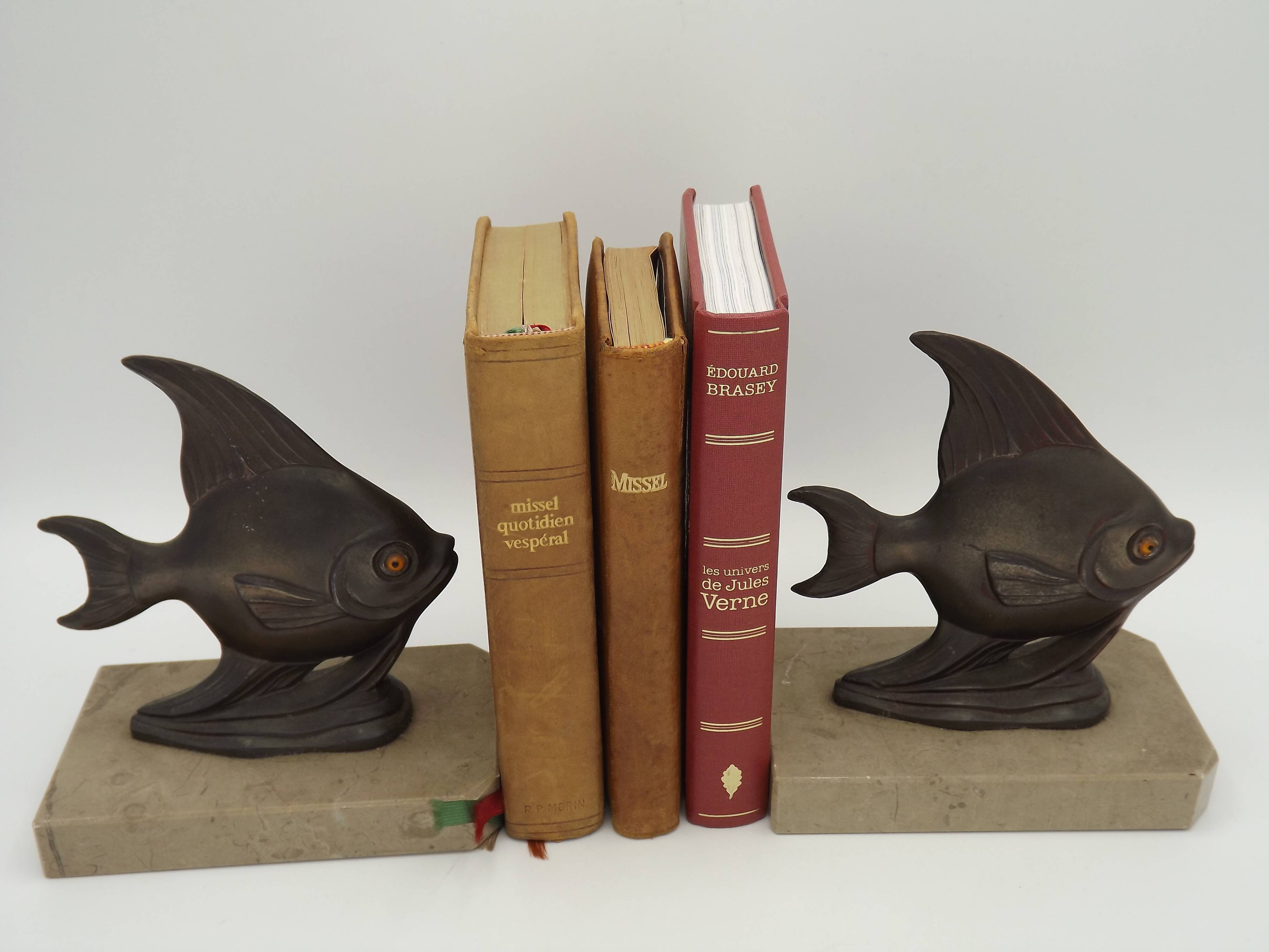 Vintage French Art Deco Fish Book Ends - Marble and Spelter Bookends