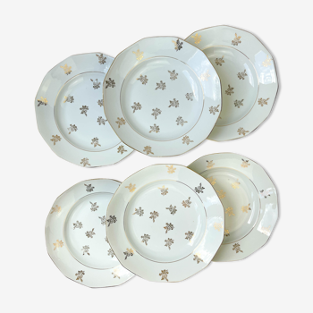 6 Hollow plates porcelain white golden flowers Limoges Mehun