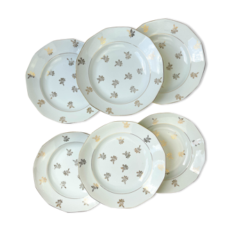 6 assiettes creuses porcelaine blanche fleurs doré limoges mehun