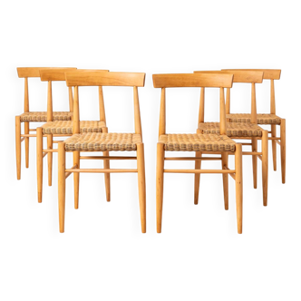 Set of 6 vintage dining chairs from uluv, wicker seats, czechoslovakia, 1960s