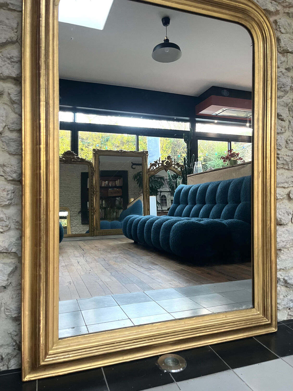 Antique mirror 136.5/98cm Louis-Philippe pearl-gilded with gold leaf.