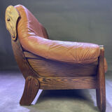 Brutalist style wood and leather sofa