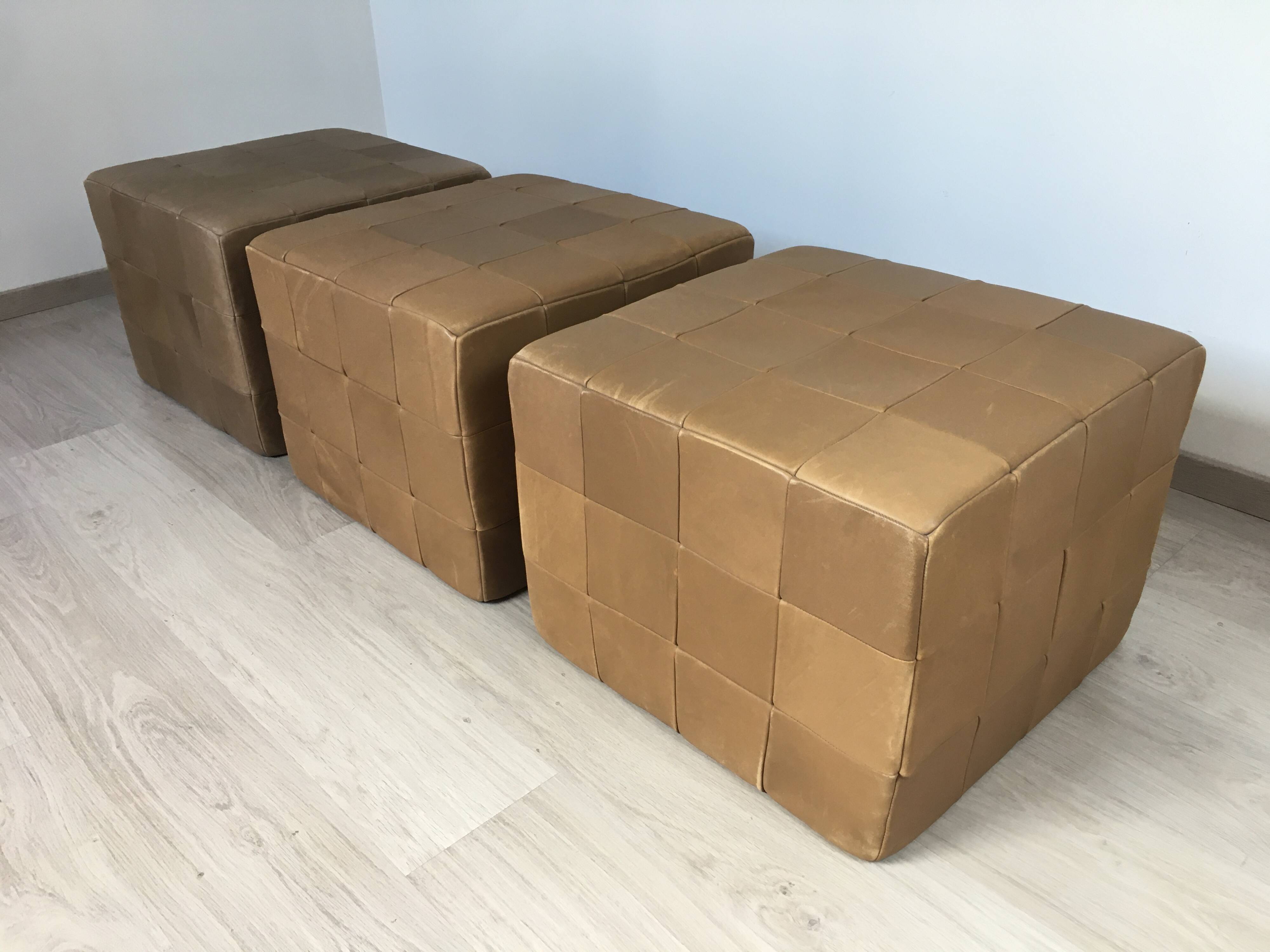 Set of 3 large Cubic De Sede Pouf Swiss leather 70s