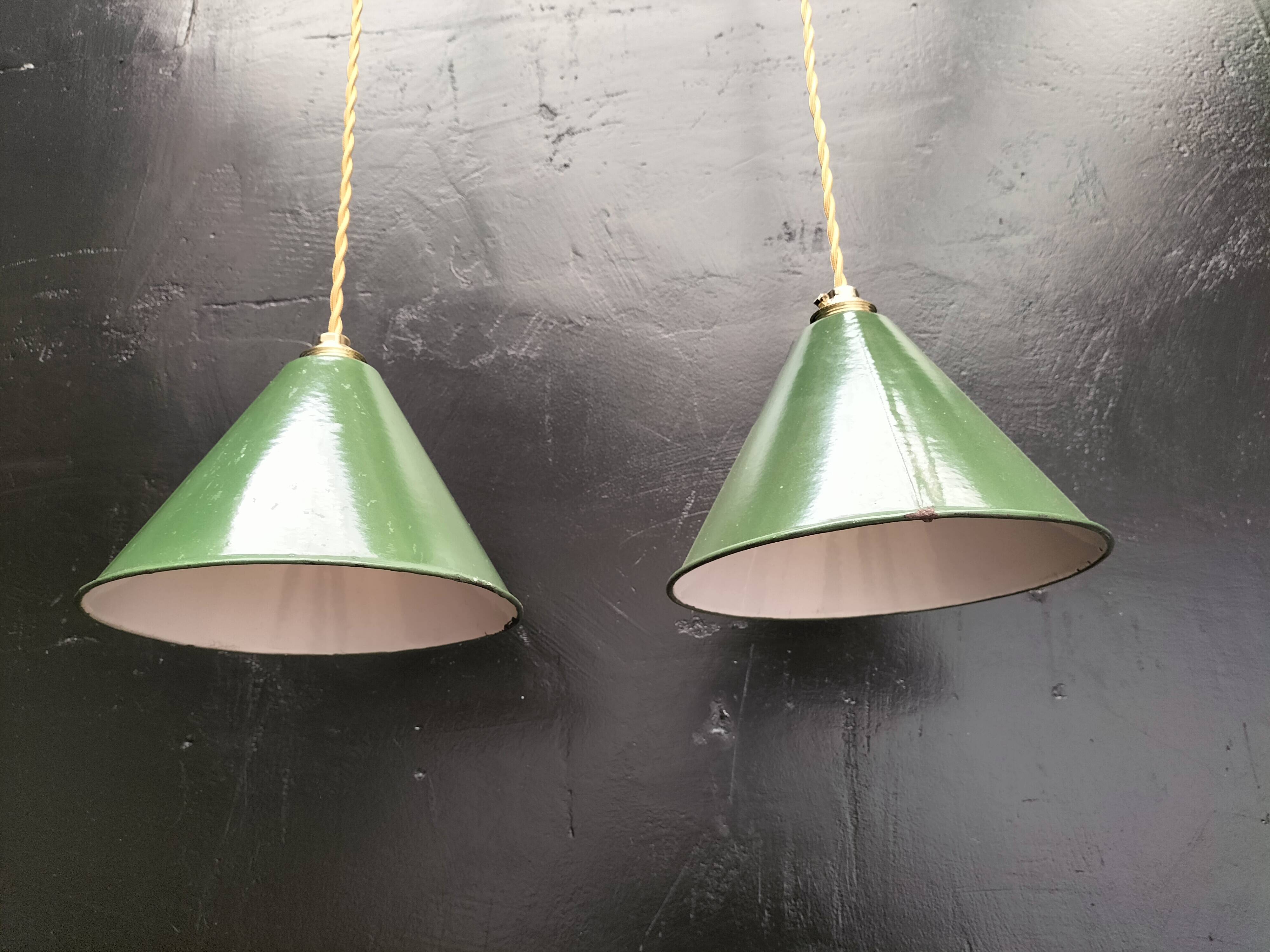 2 enameled sheet metal cone pendants