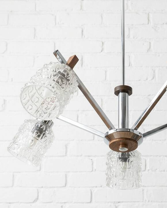 Vintage suspension with 5 chrome and wood lights – textured glass – 1970s