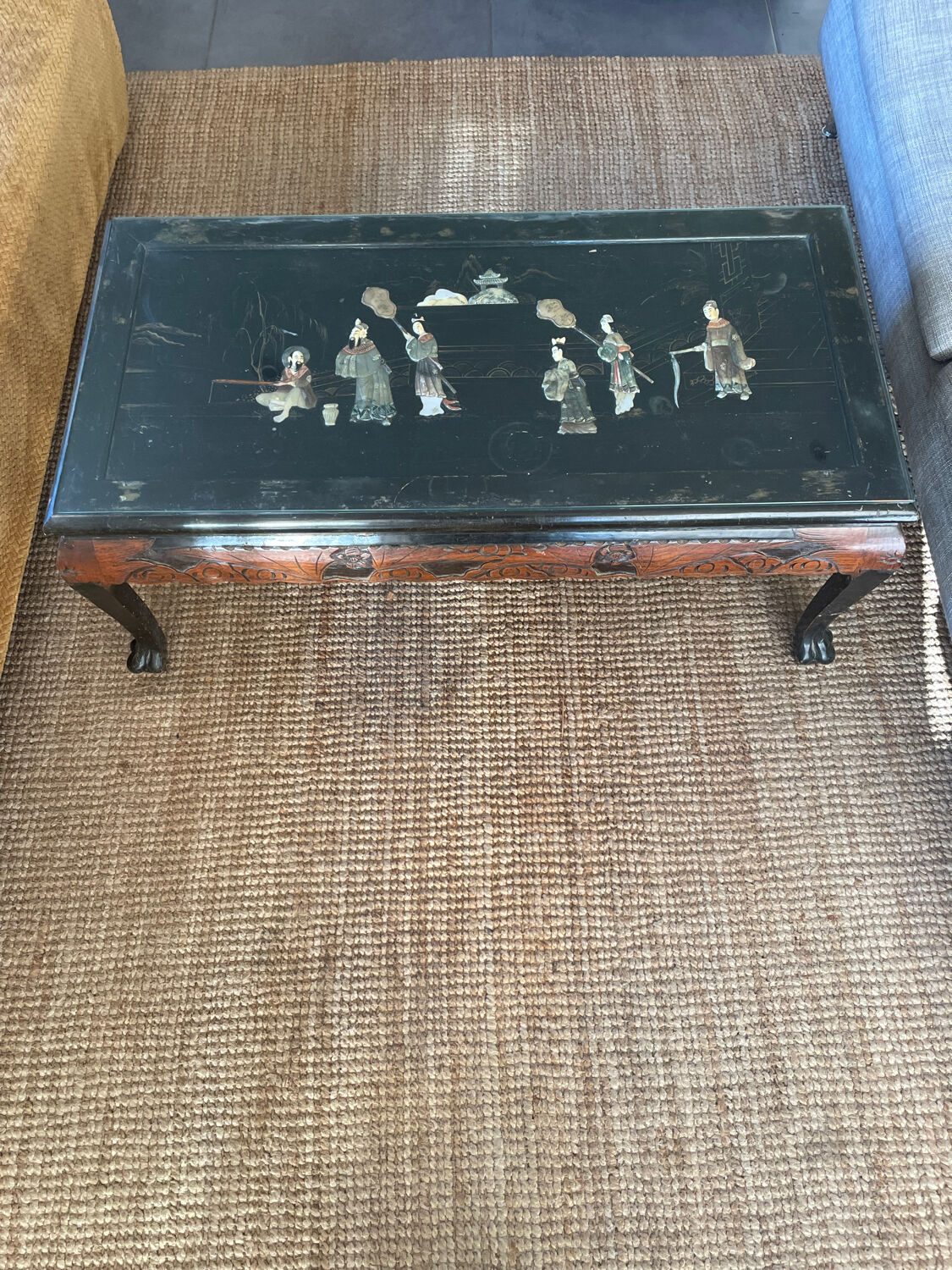 Carved wooden coffee table, Chinese craftsmanship.