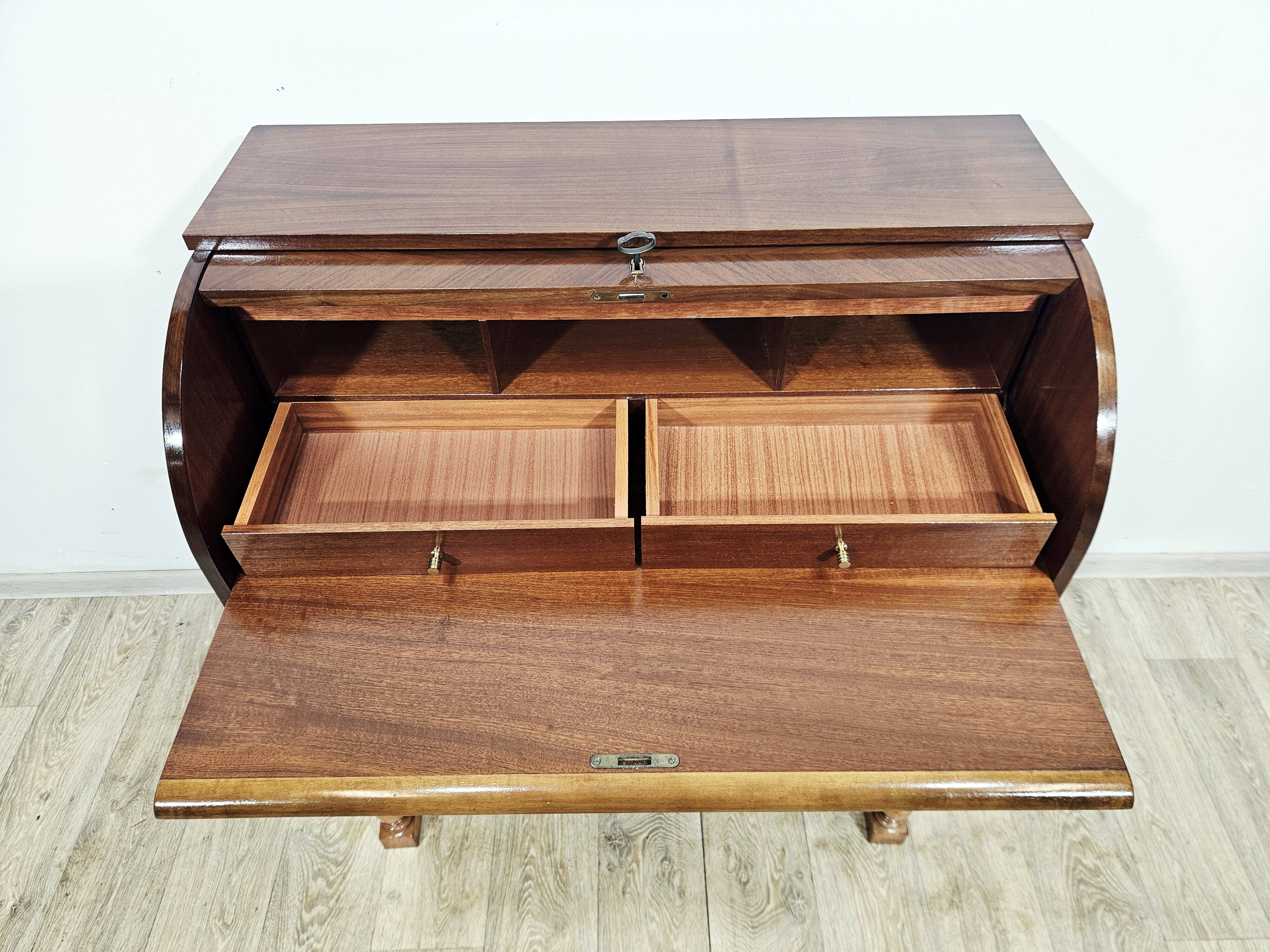 Walnut cylinder-roll-top secretary desk, 1970s.