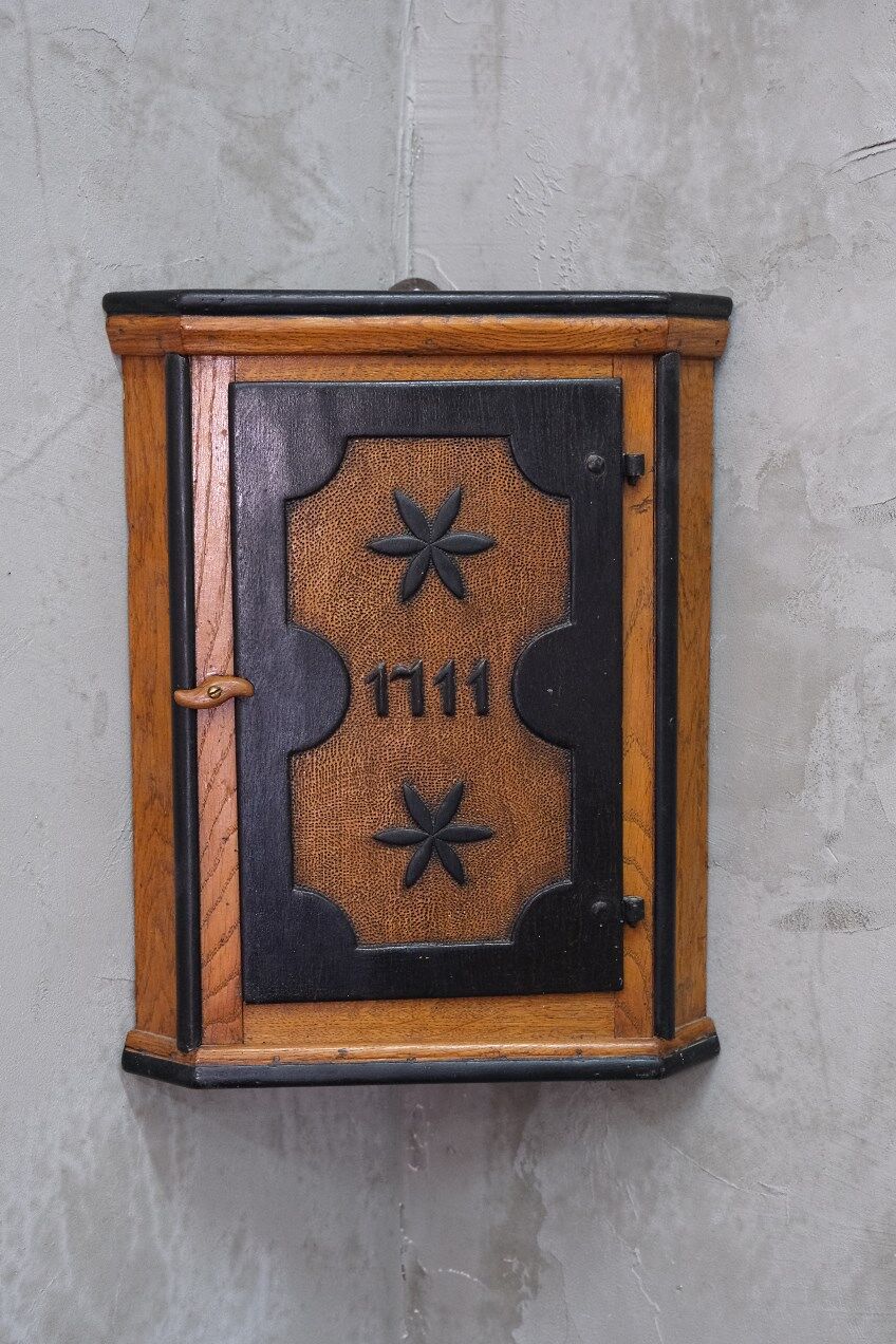 Antique  Swedish 18th Century Oak Hanging Corner Cabinet, 1711