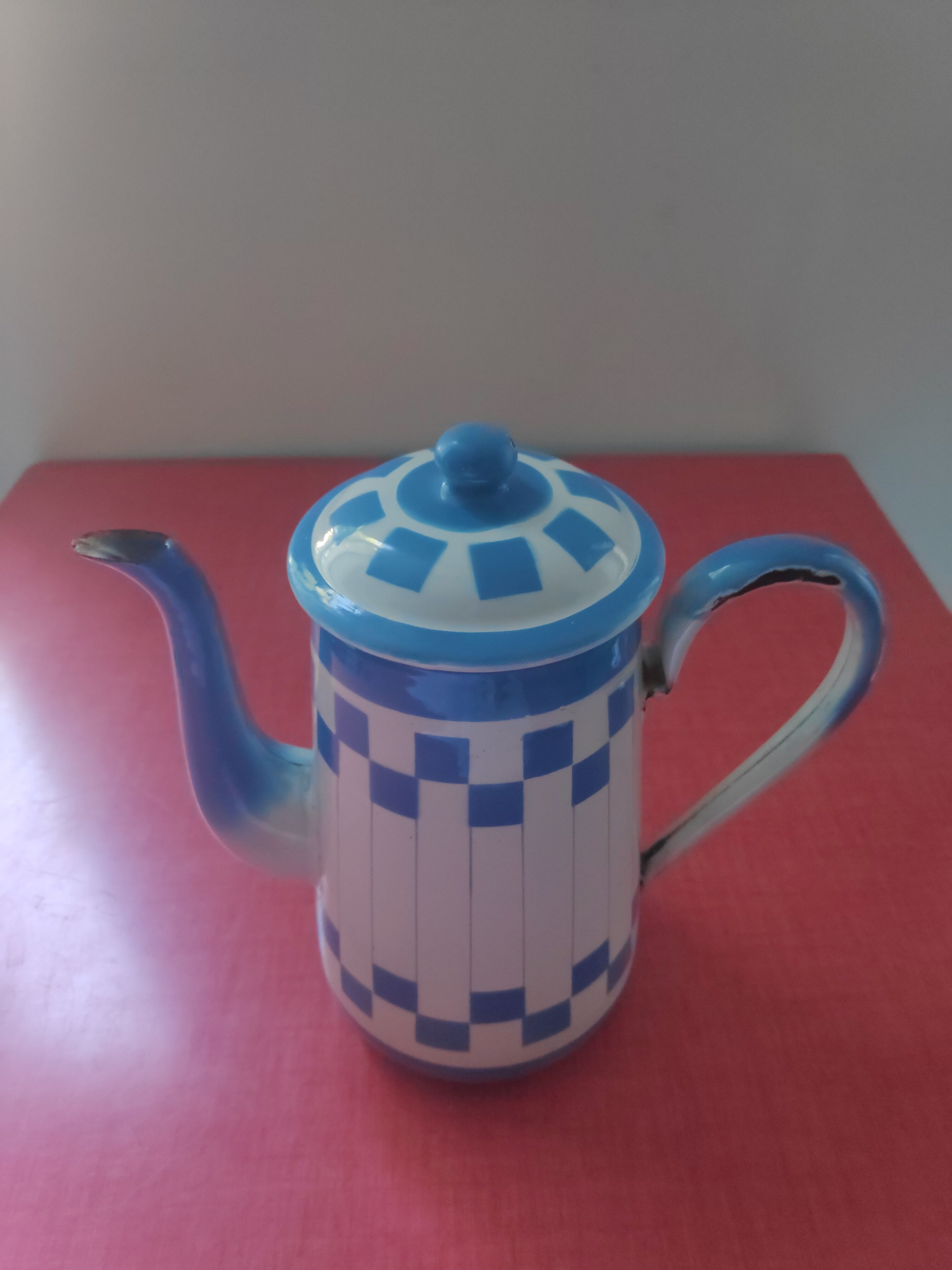 White enamelled sheet metal coffee maker with blue checkered Lustucru style stamped Duco