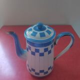 White enamelled sheet metal coffee maker with blue checkered Lustucru style stamped Duco