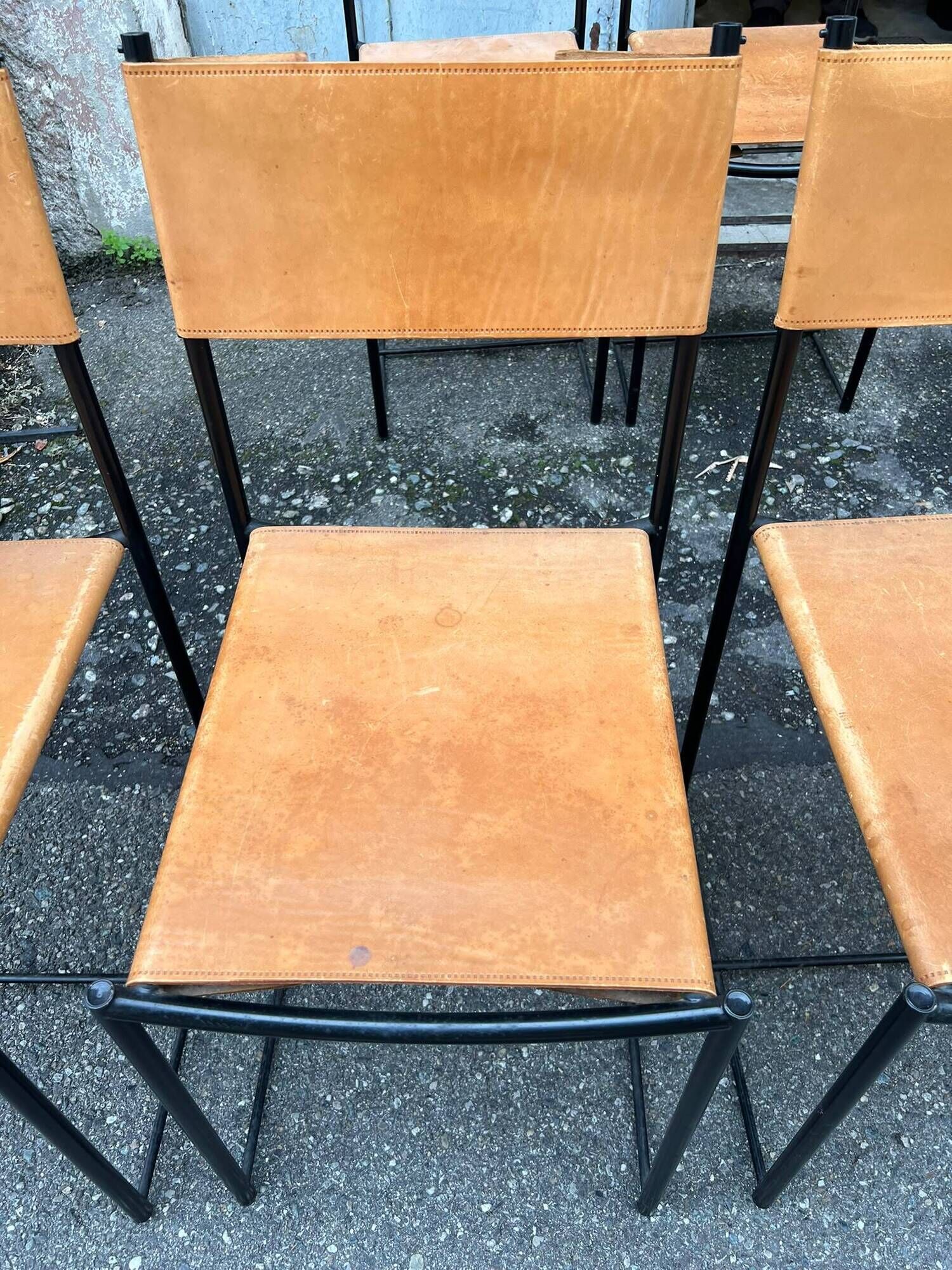 6 black metal and leather chairs by Giandomenico Belotti for Alias, Italy, 1979