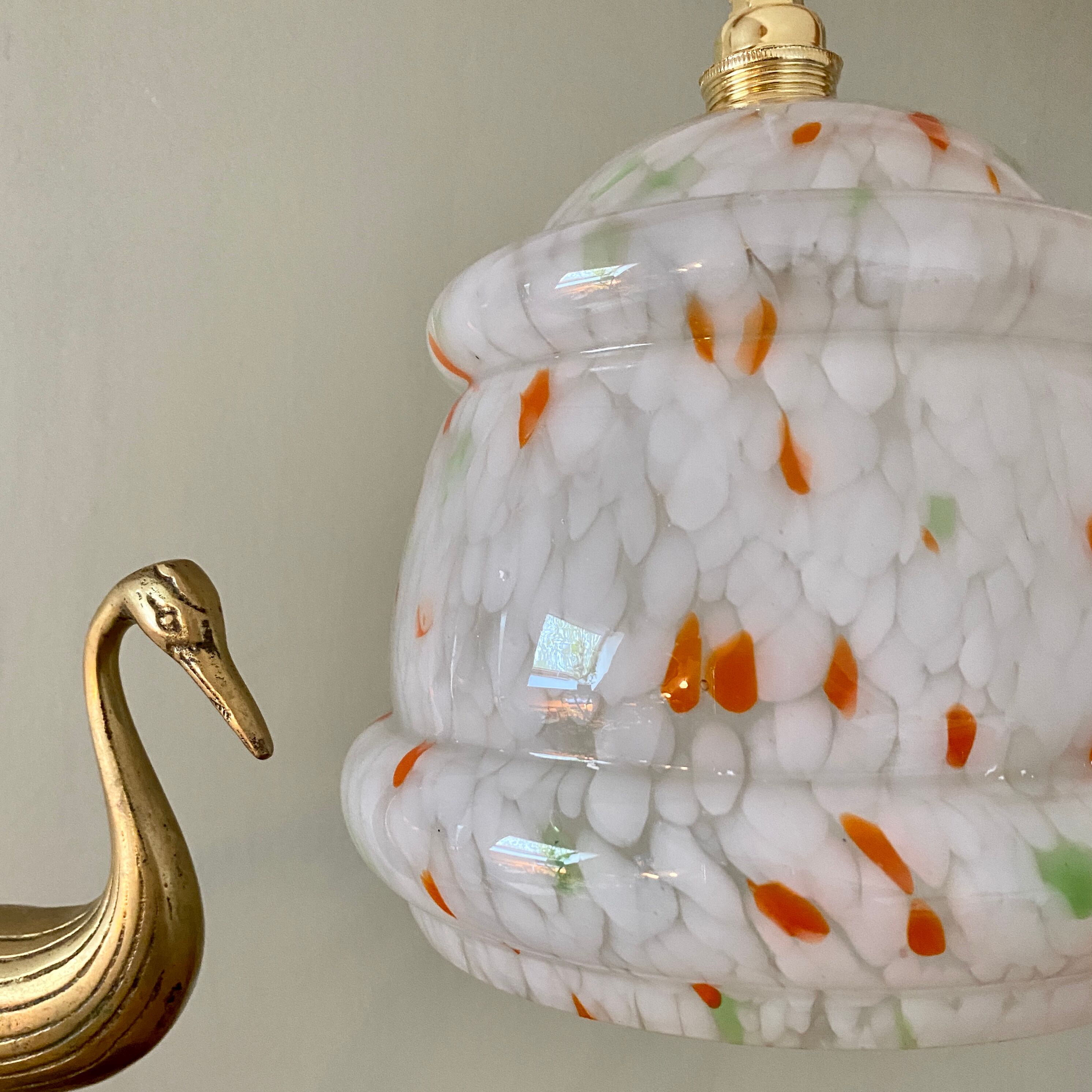 Vintage Clichy glass globe pendant lamp white orange and green