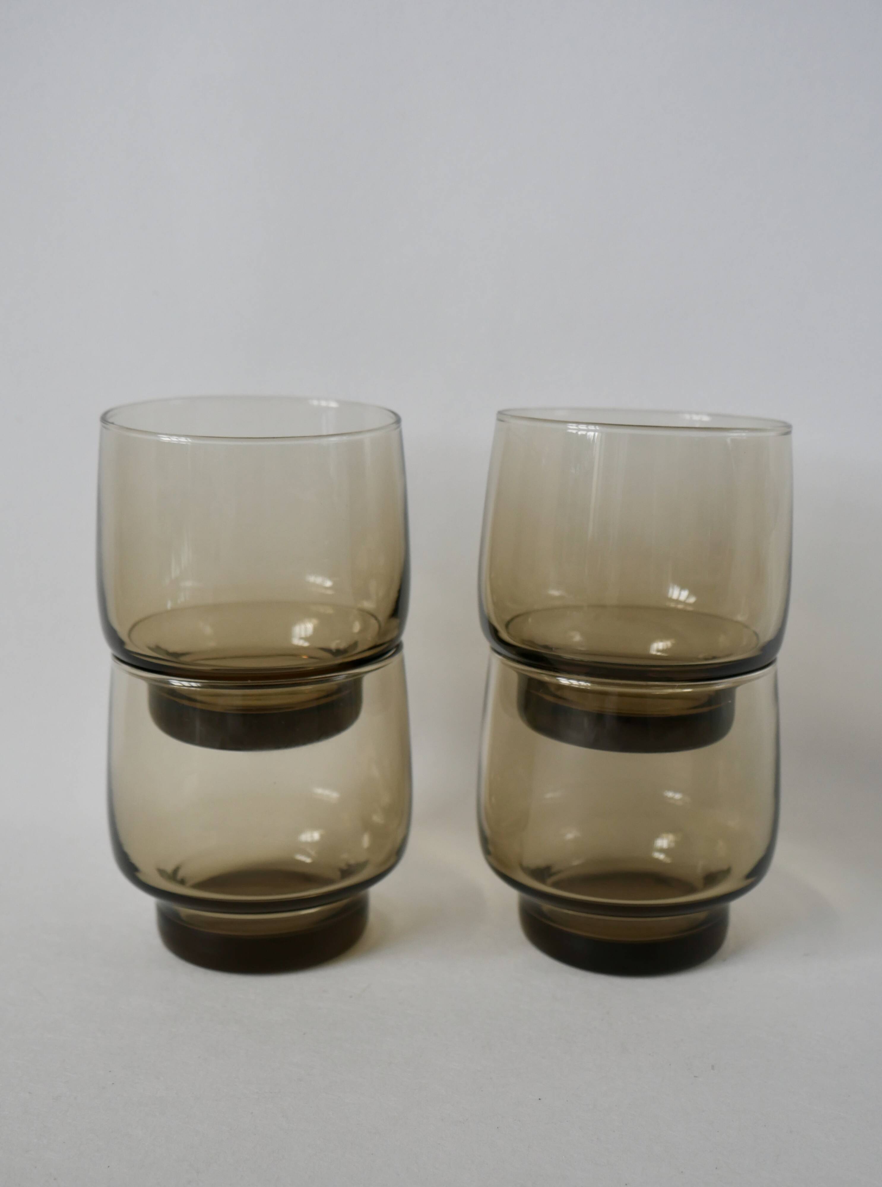 Set of 4 designer water glasses in 70s smoked glass