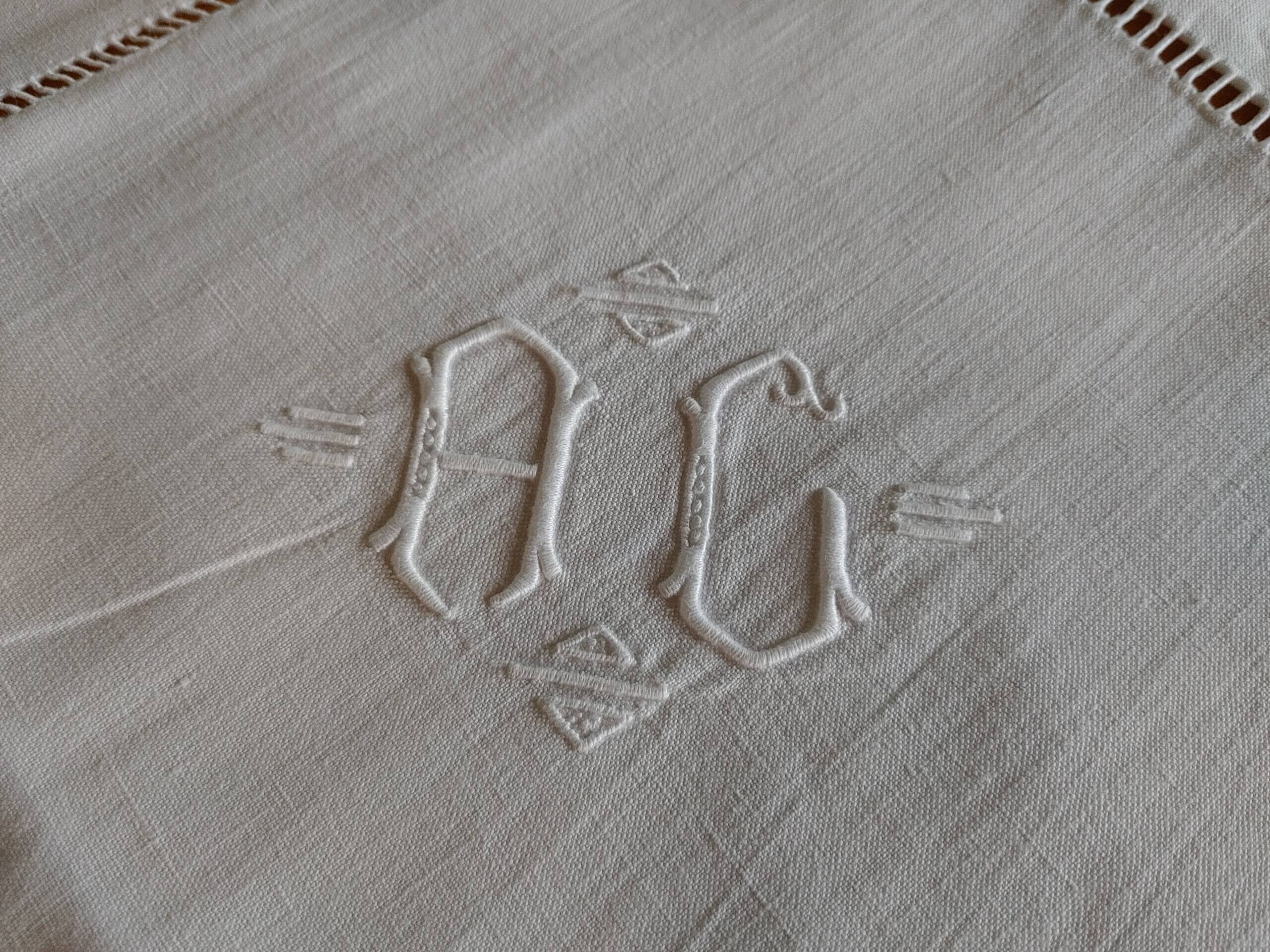 Pair of old linen & cotton pillowcases - AC monogram - never used