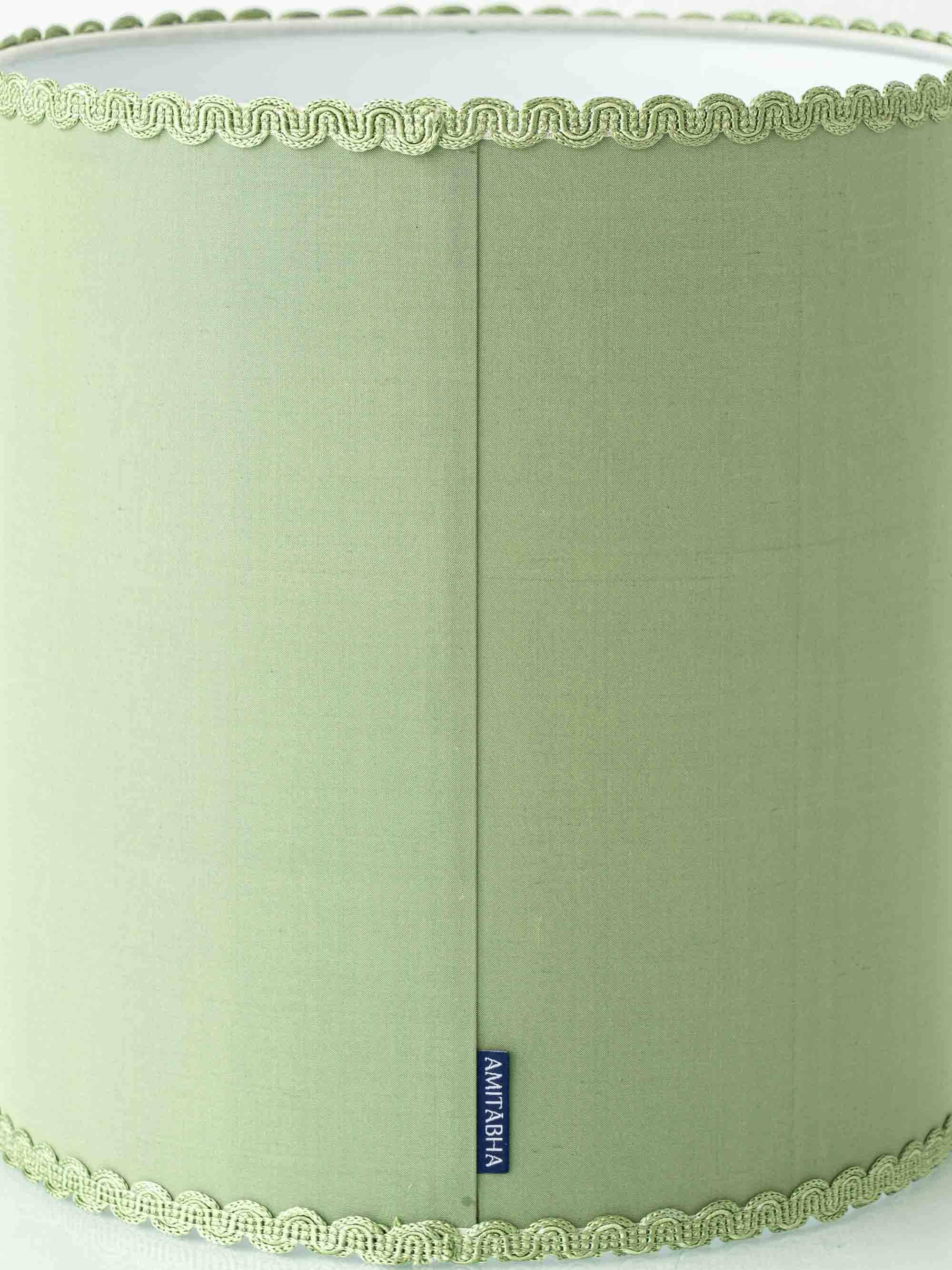 Pair of Chinese table lamps in Delft blue ceramic with new green silk shades.