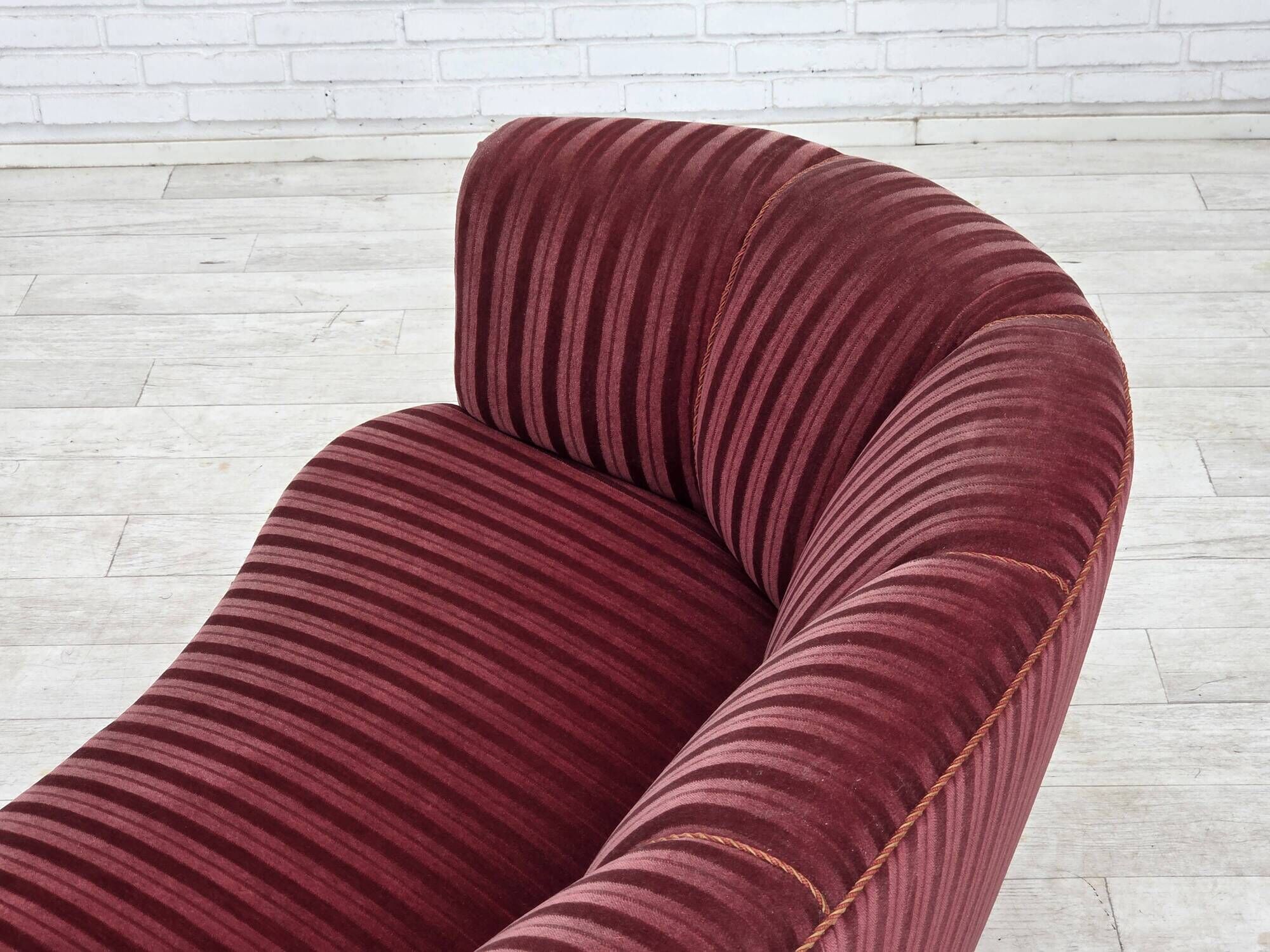 1960s, Danish 2-seater "Banan" sofa, furniture velour, oak wood.