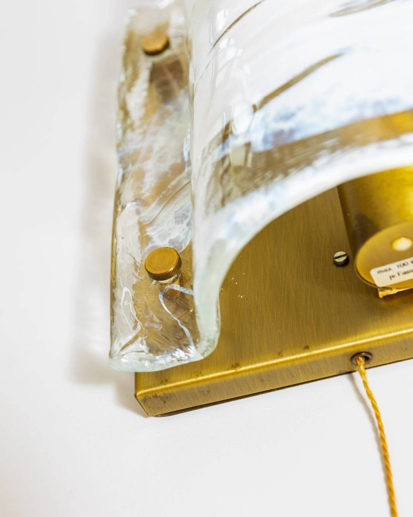 Murano glass wall lamp in white and pale-blue on brass backplate - J.T. Kalmar, 1960s