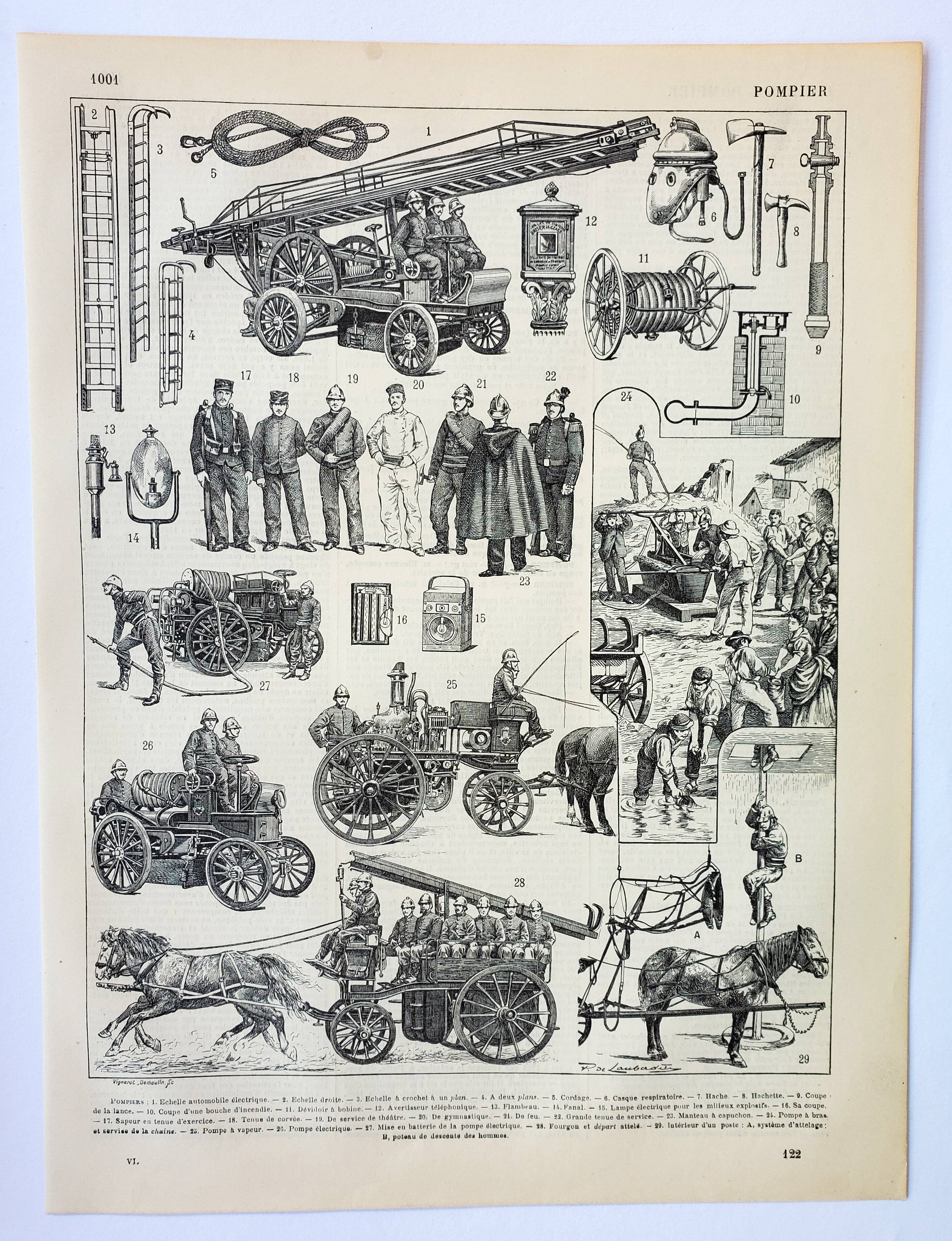Old engraving 1898, Firefighter, ambulance, fire, rescue • Lithograph, Original plate
