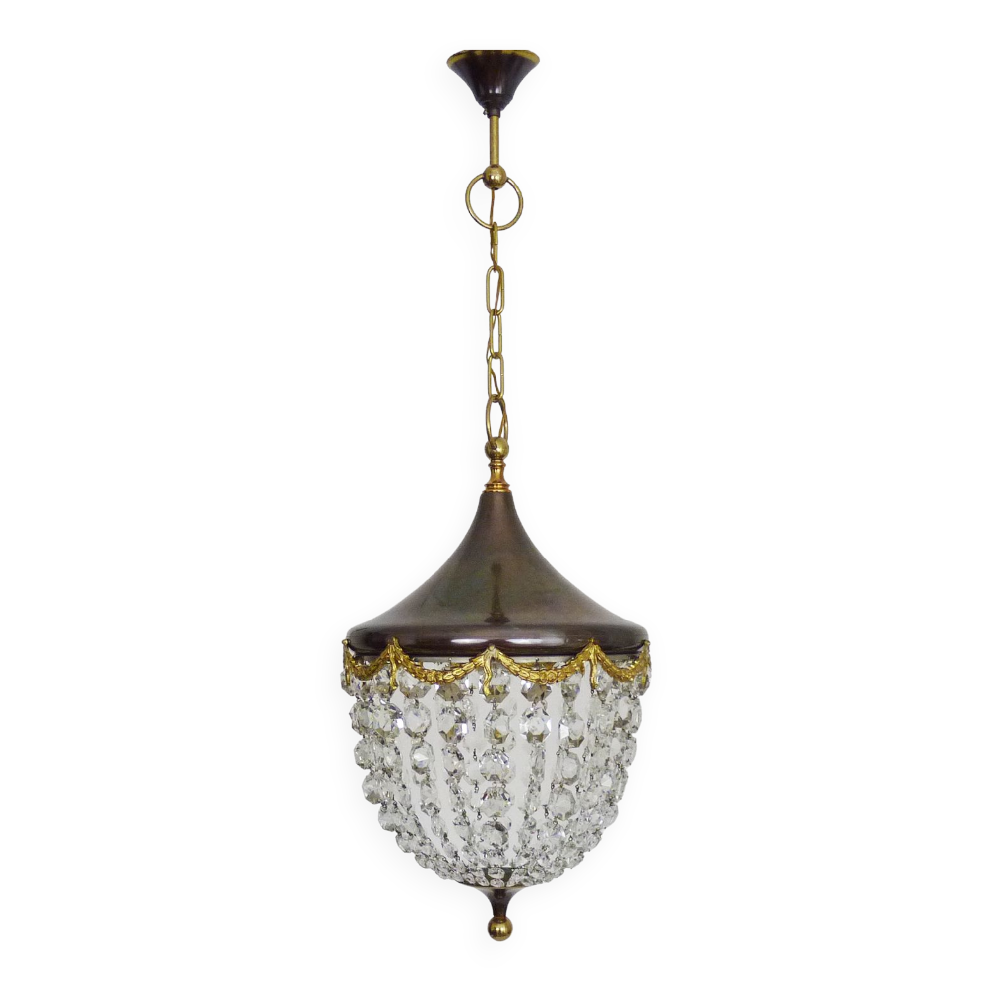 Lustre Corbeille En Laiton Et Pampilles à Trois Bras De Lumi