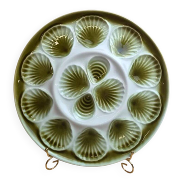 Grand plat à huîtres vintage en faïence verte – probablement Saint-amand – 35,5 cm