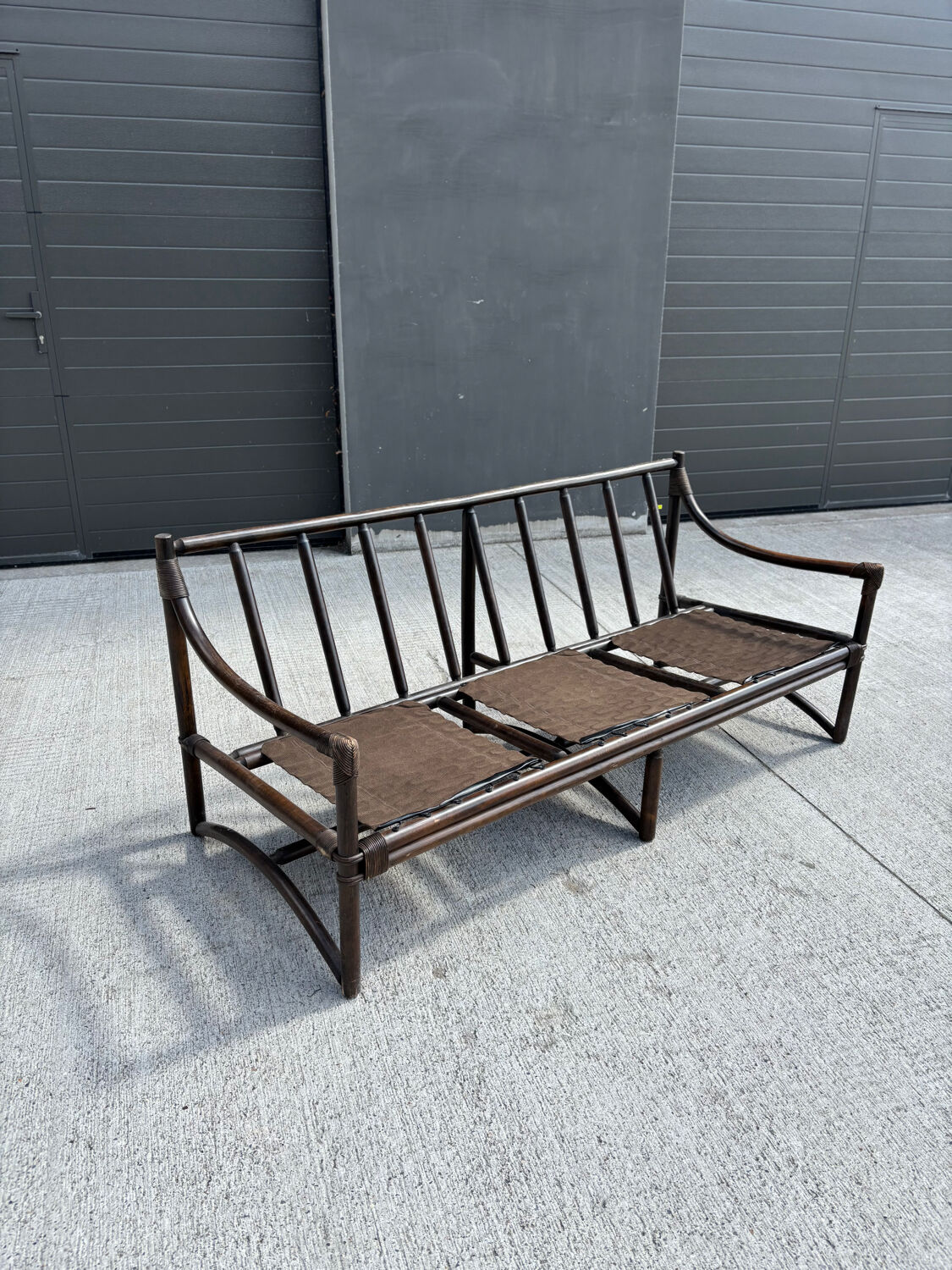 Vintage 3 seater bamboo sofa – bohemian / safari style with cushion