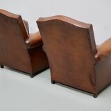 Pair of French Cognac Moustache Back Leather Club Chairs, 1940s