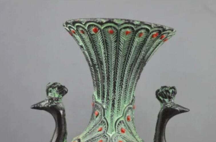 Vintage Hand-Carved Double Peacock Vase, Auspicious Green Jade Vase, Home decor
