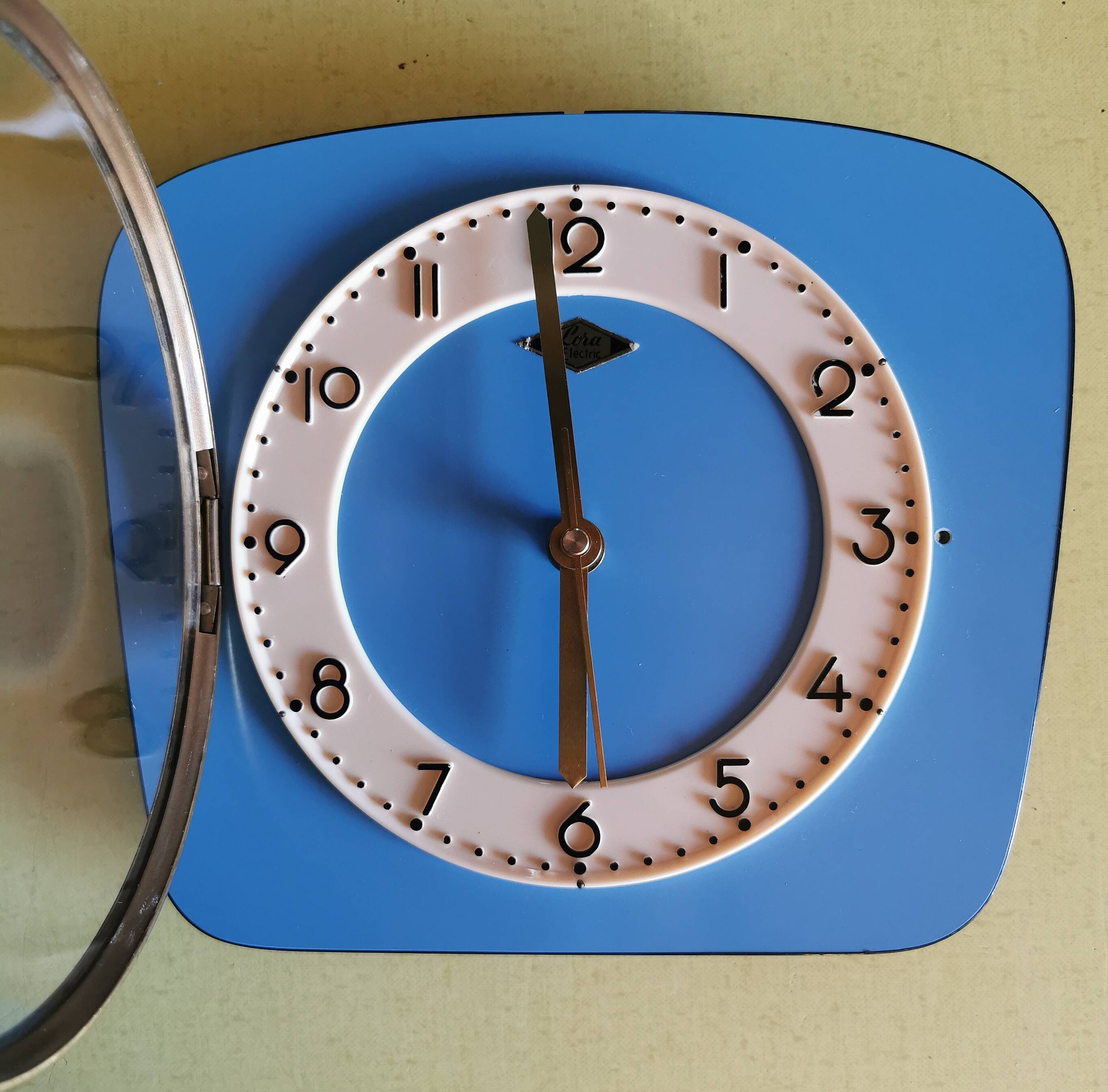 Vintage formica clock rectangular silent wall pendulum "Lora blue"