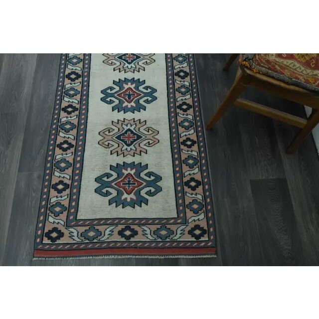 1970s Vintage Turkish Handmade Wool & Cotton Beige Runner Rug 84x402