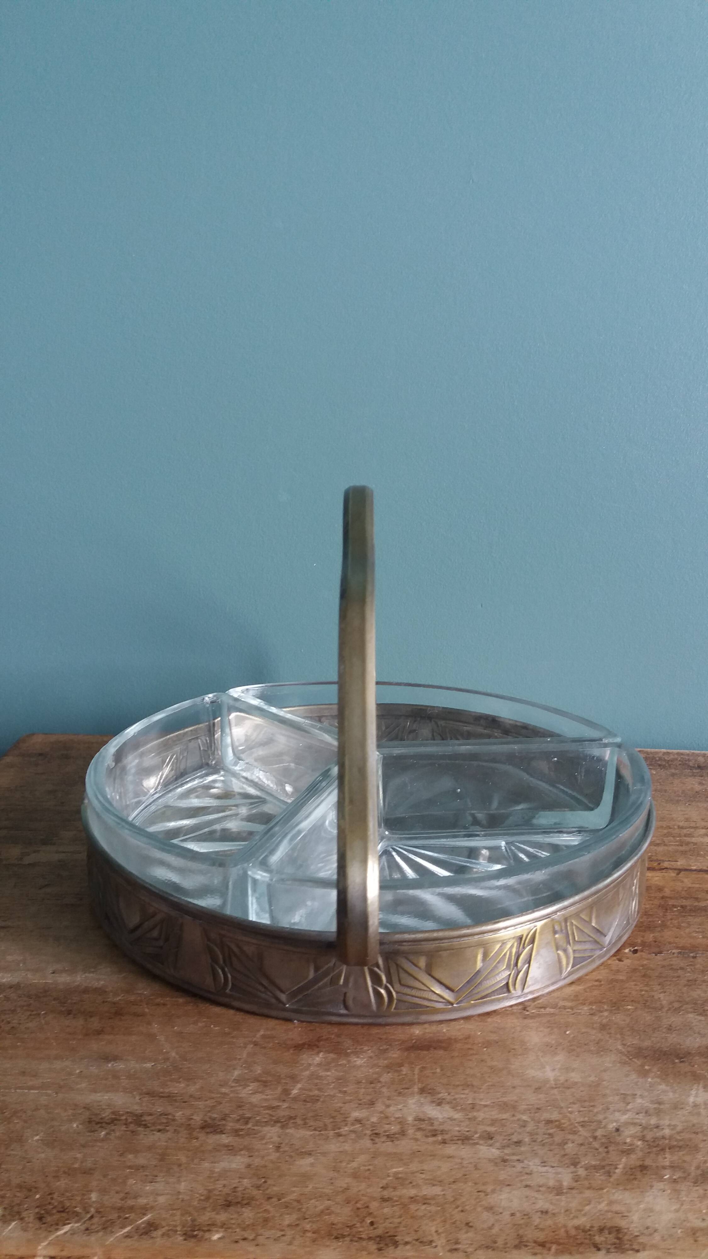 Aperitif platter, metal server and glass ramekins, Art Deco