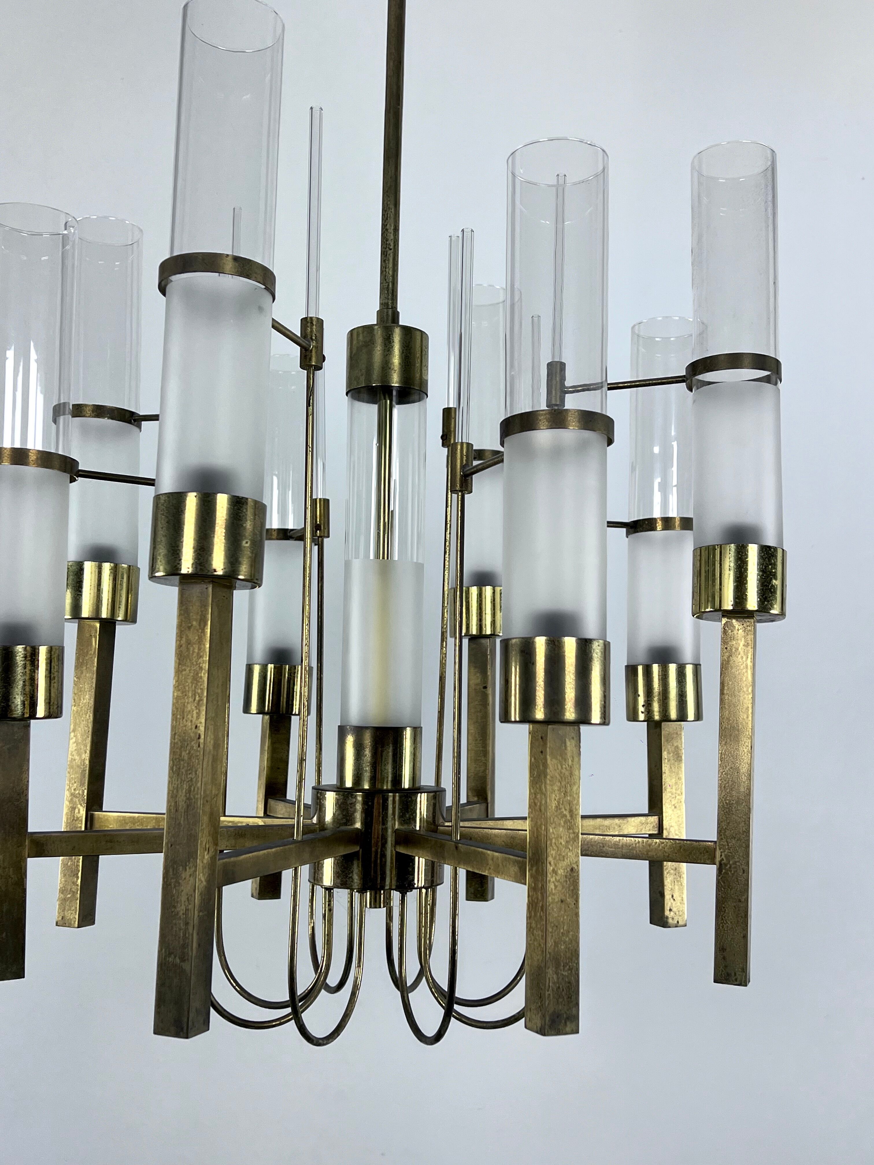 Sciolari, eight arms brass and glass tube chandelier. Italy 1960s
