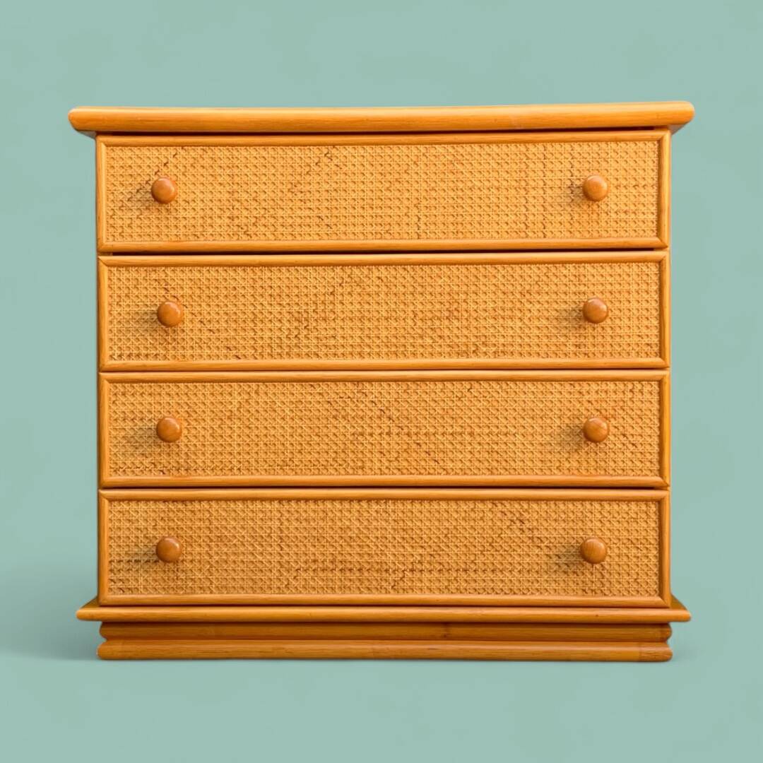 Chest of drawers and bedside table in rattan cane and oak, vintage 1970s