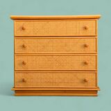 Chest of drawers and bedside table in rattan cane and oak, vintage 1970s