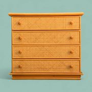 Dresser and its bedside table in rattan caning and vintage oak from the 1970s.