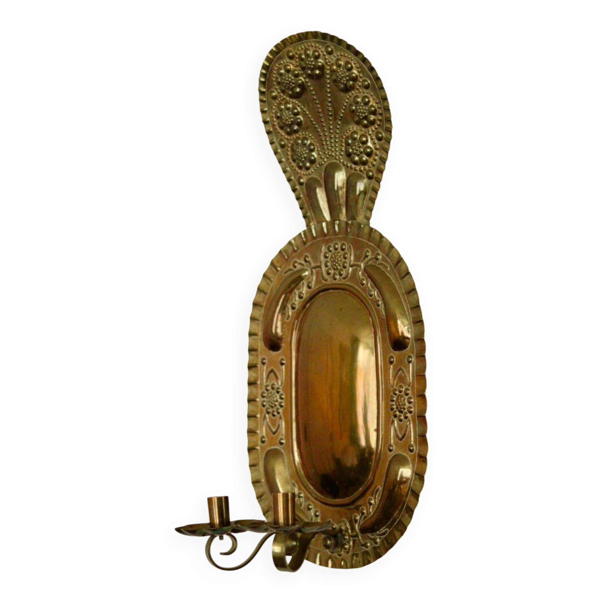 X-large mid-century Swedish brass Baroque sconce with double arm design