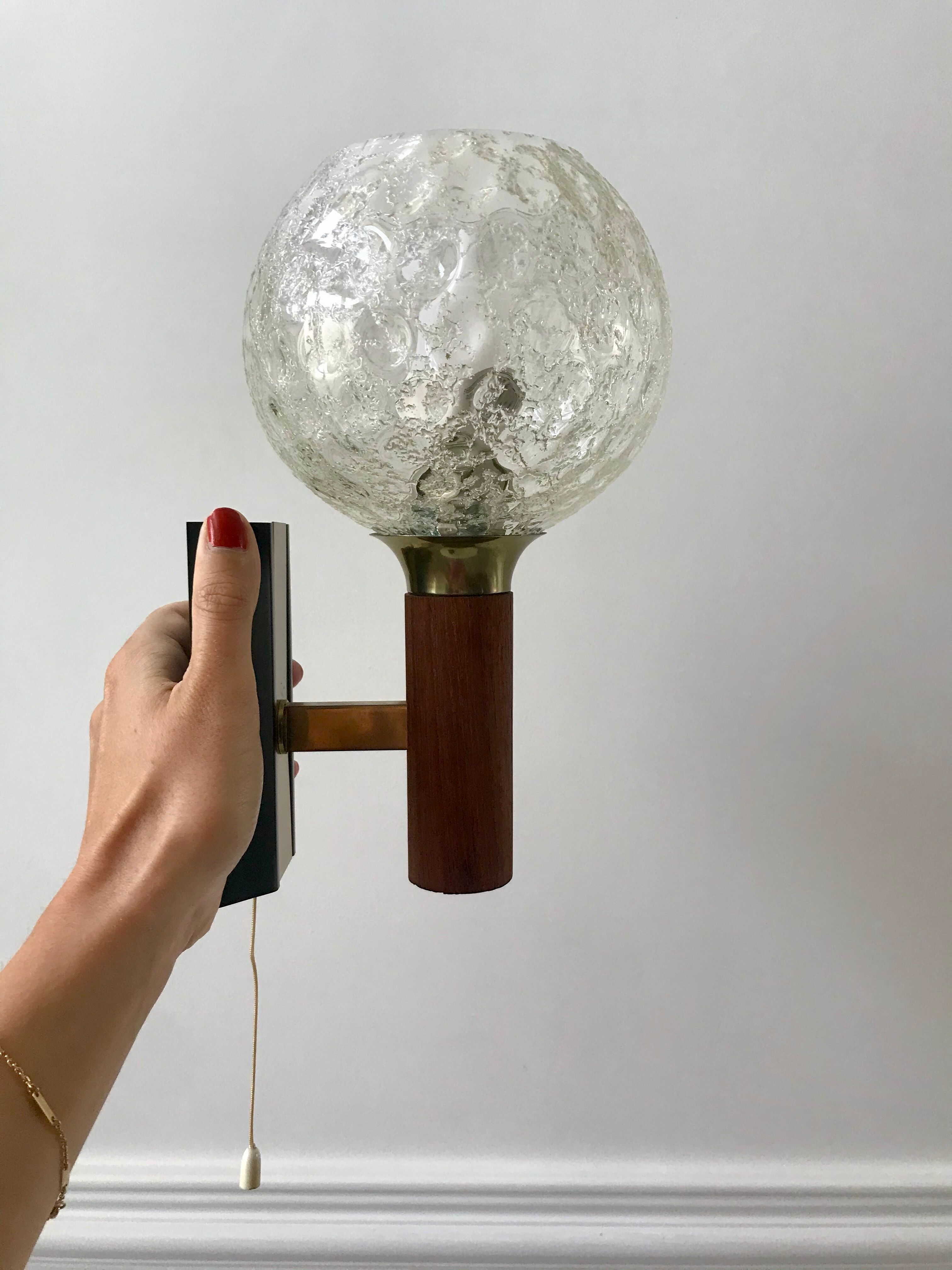 Pair of wall sconces balls in blown glass, metal and teak style 50s