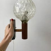 Pair of wall sconces balls in blown glass, metal and teak style 50s