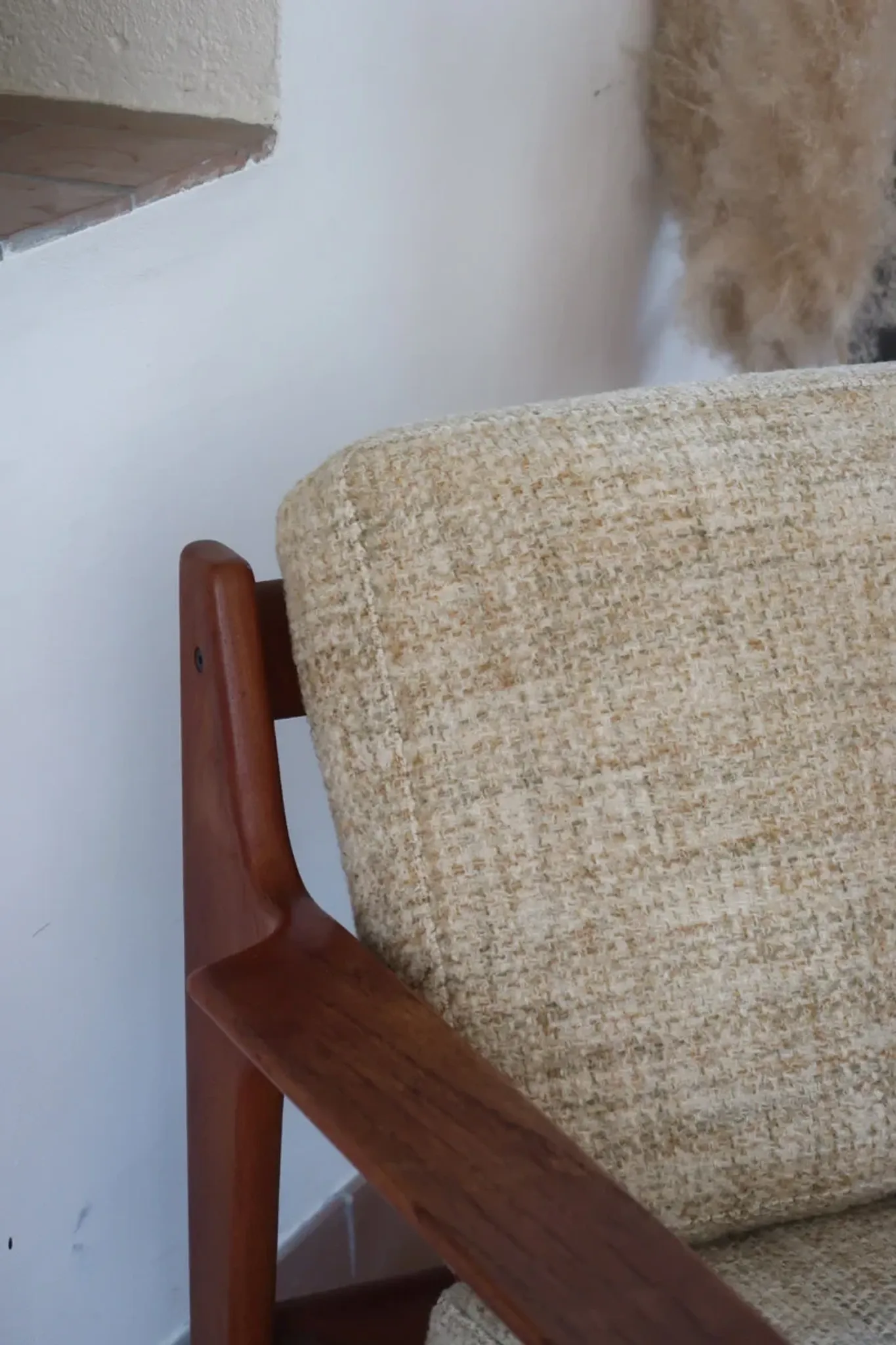 Scandinavian armchair, teak, beige fabric, 1960s.
