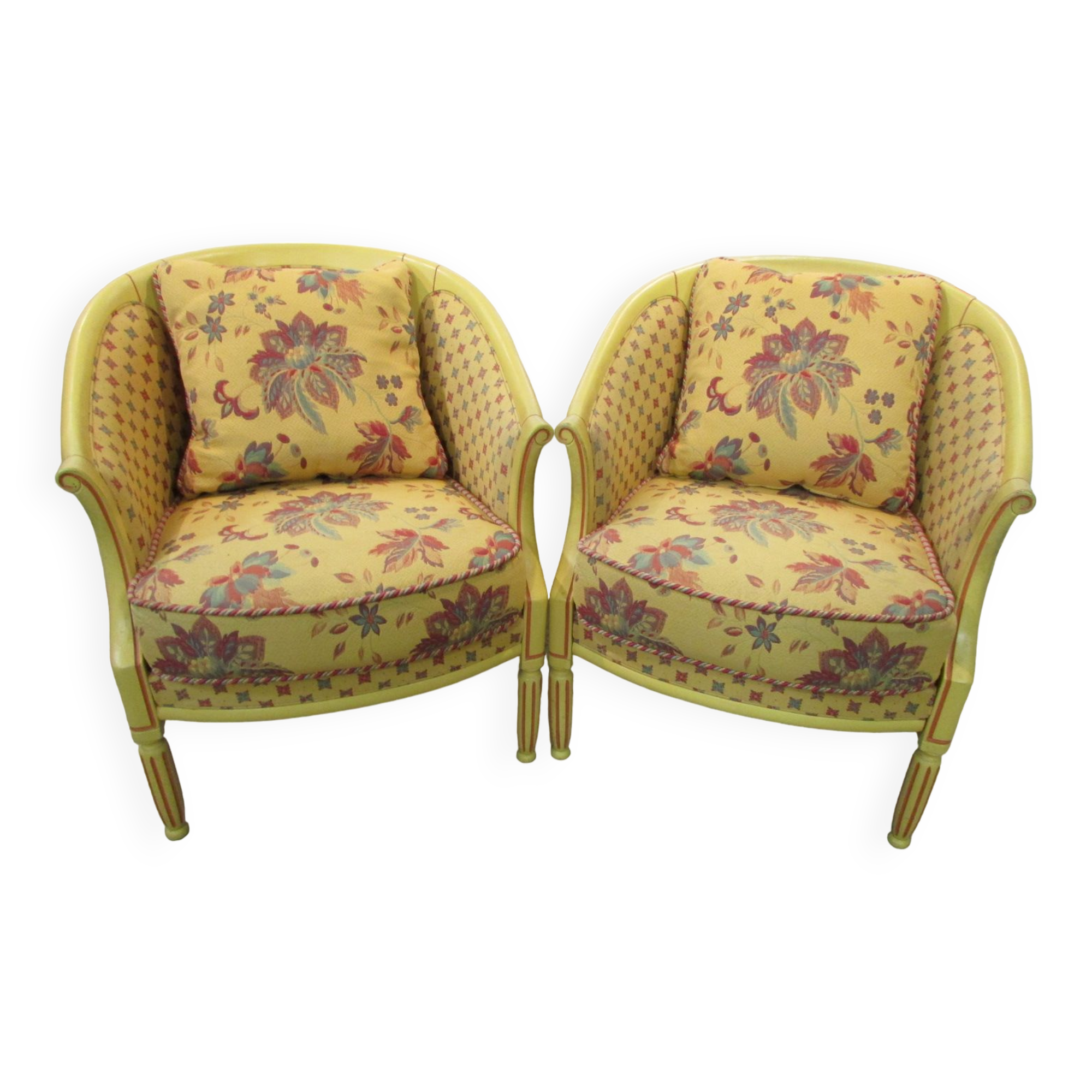 Paire de fauteuils bergères, chauffeuses, forme corbeille