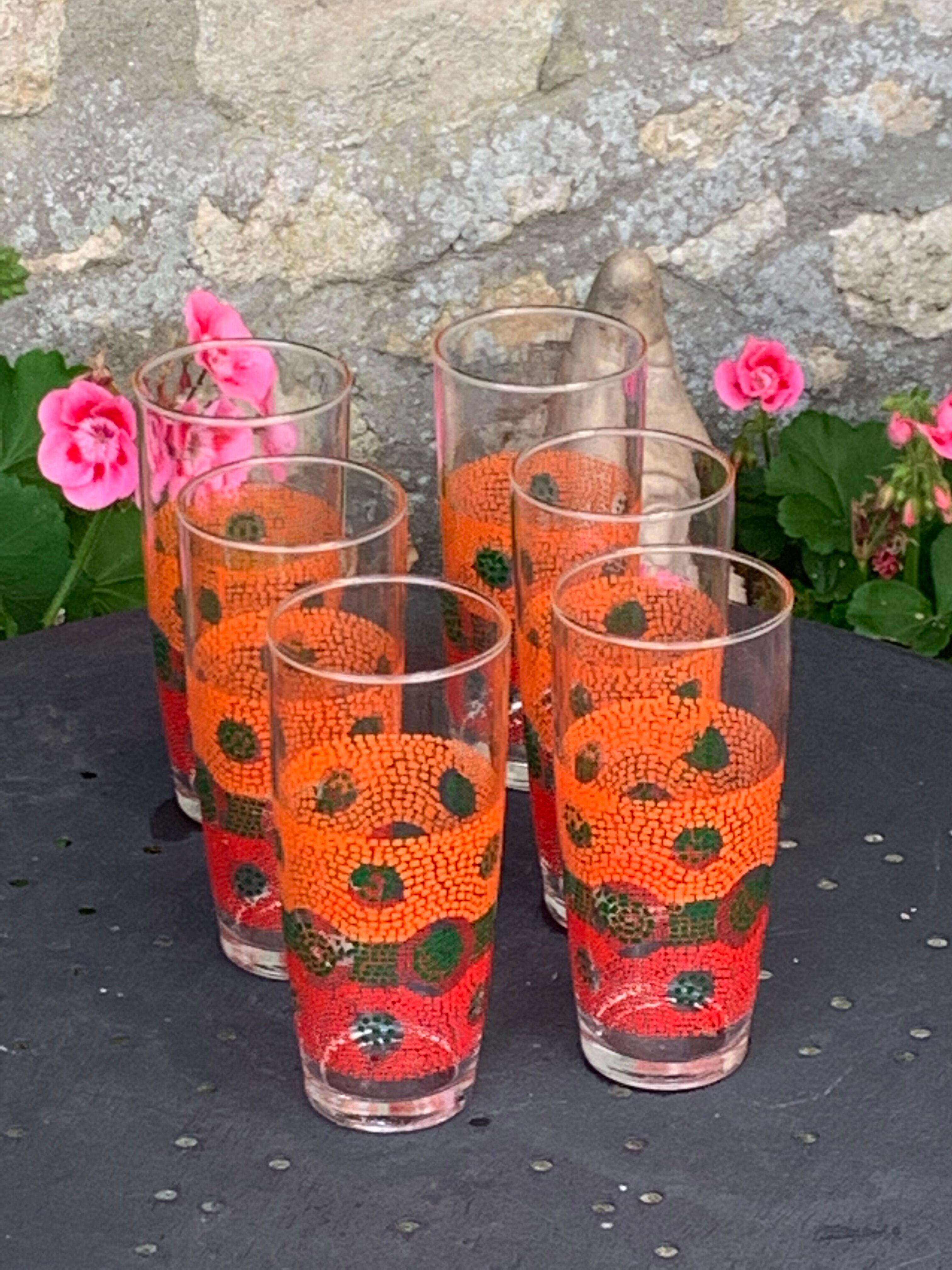 6 glasses to orangeade mosaic orange and green vintage 1970