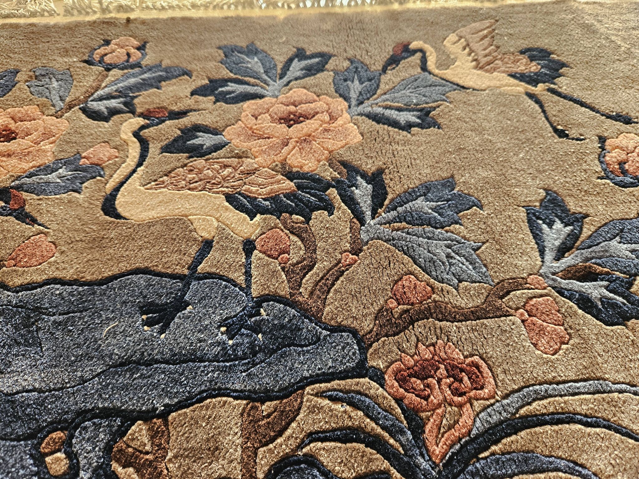 Luxurious Rug 100% SILK/China/Hand-Tied/Crane Motif/1950s