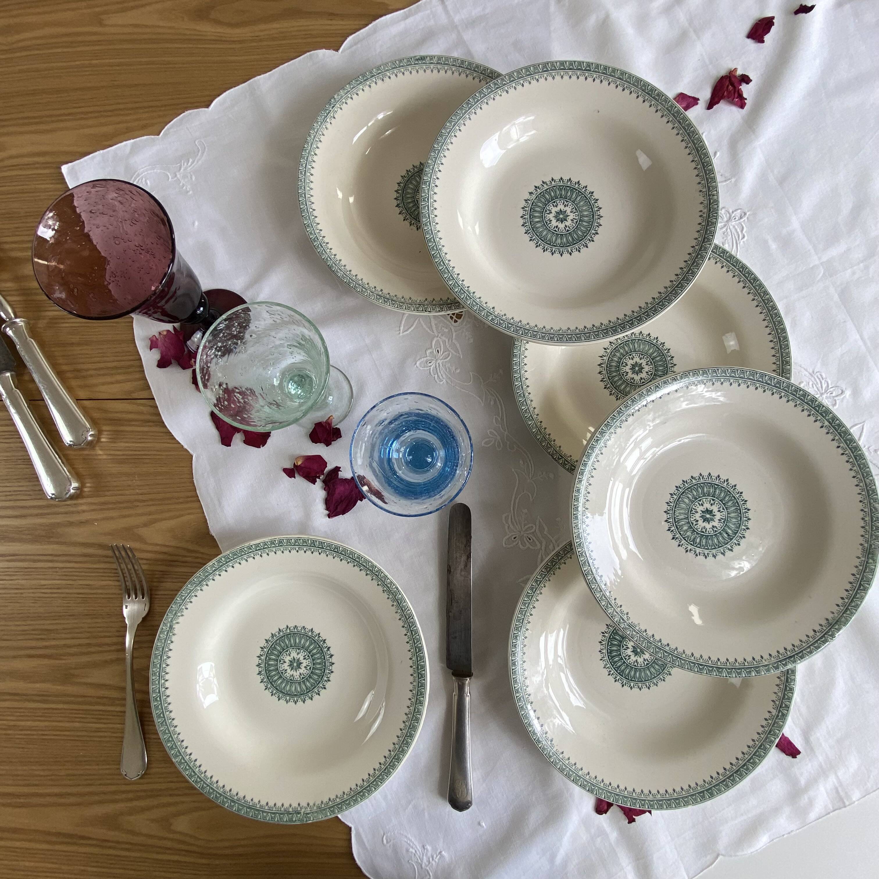 6 deep plates, antique earthenware, ironstone from Creil and Montereau.